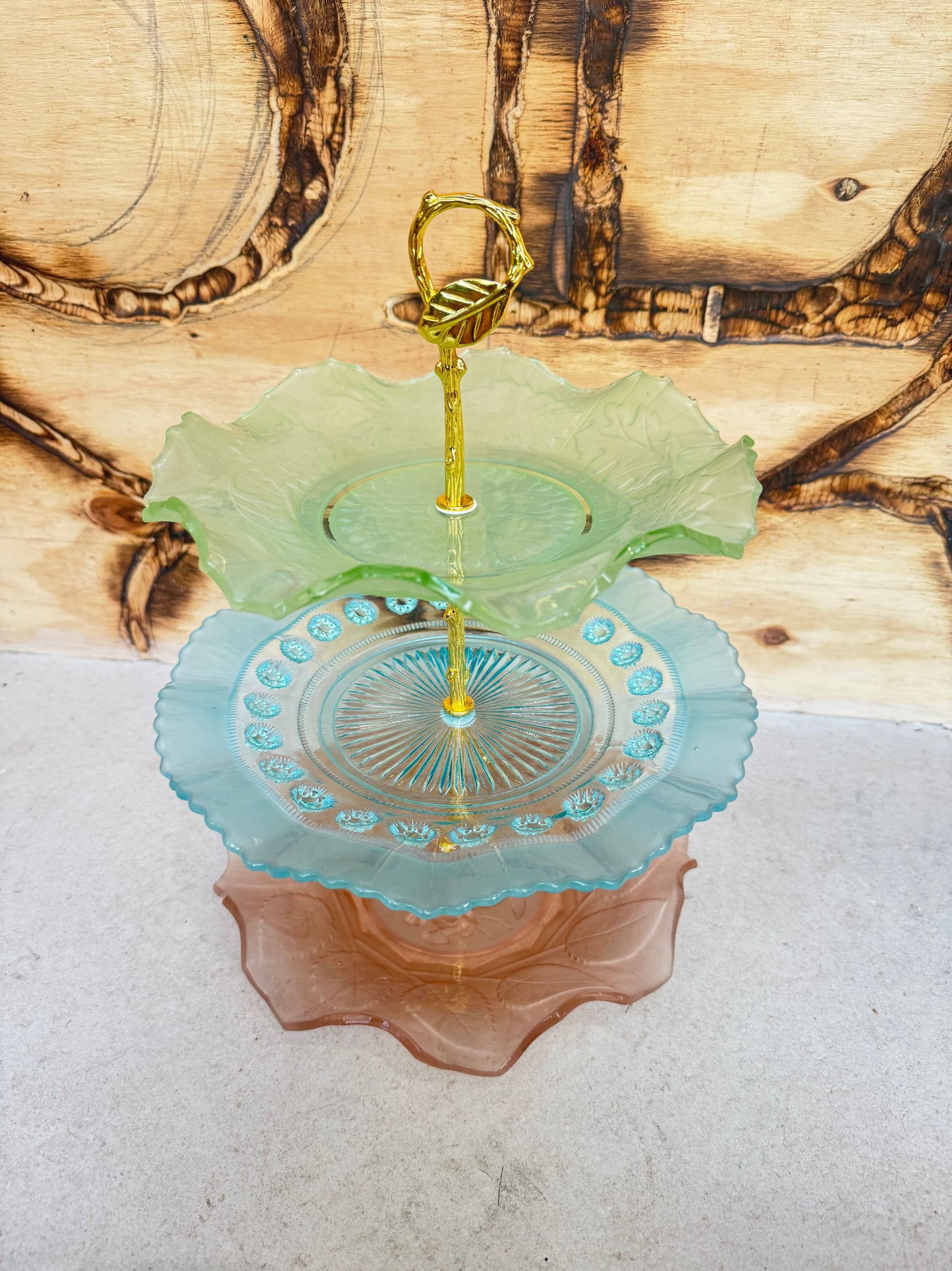 3-Tier Mismatched Coloured Glass Cake Stand with Gold Leaf Handle | Afternoon Tea Dinner Party | Kitsch Quirky | Vintage Retro |