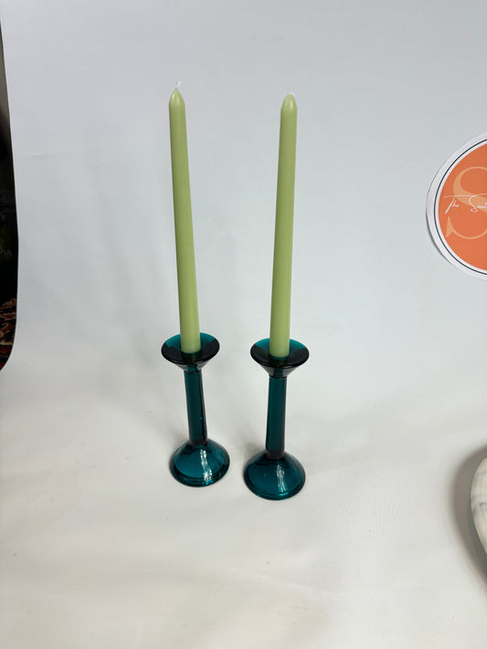 Turquoise Glass Candlestick Holders | Set of 2 | Vintage Retro