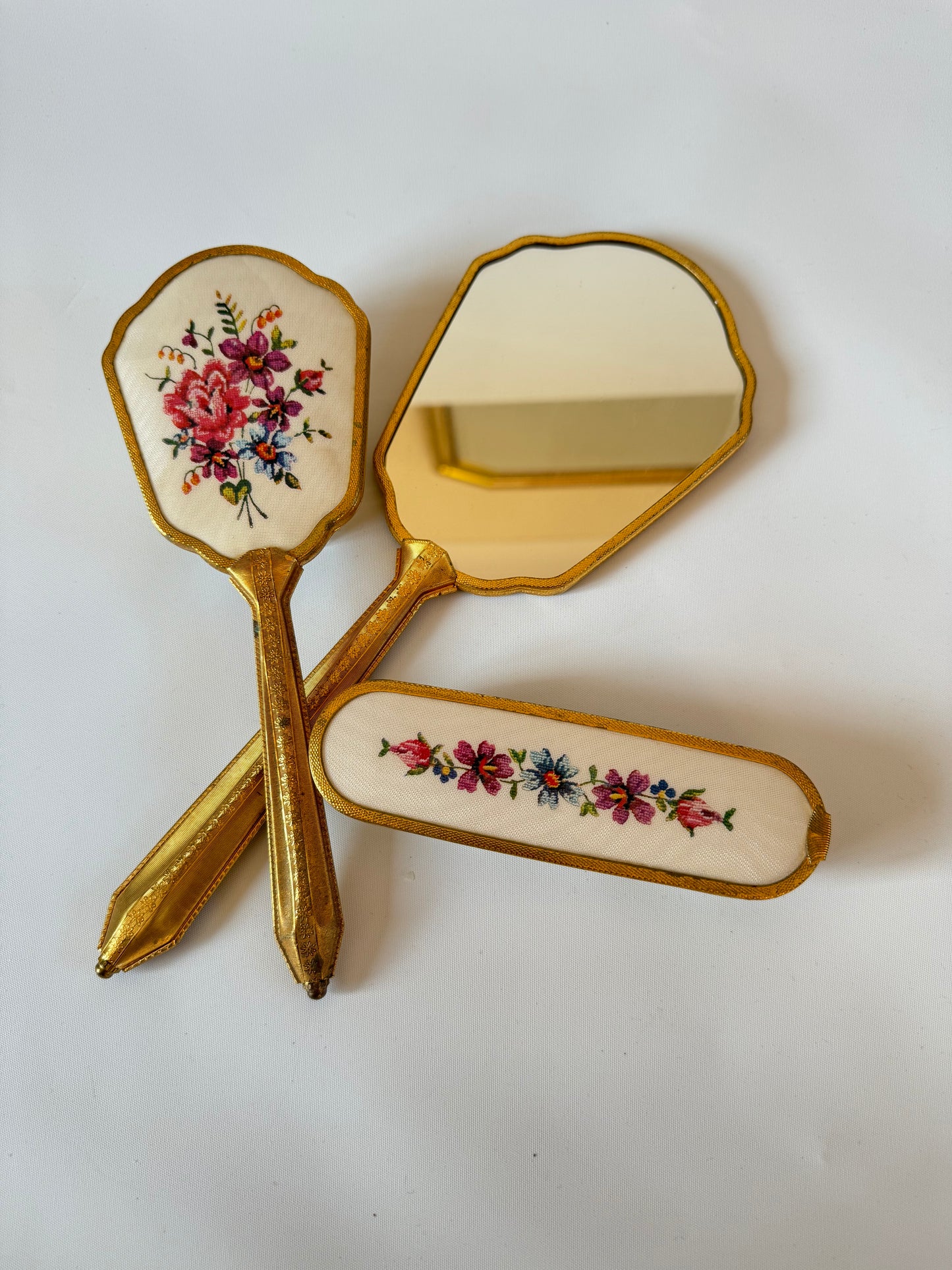 Victorian Style Travel Vanity Set | Hand Mirror, Hair Brush & Clothes Brush | Vintage Antique | Gold with Floral Embroidery | Prop Set Dressing |