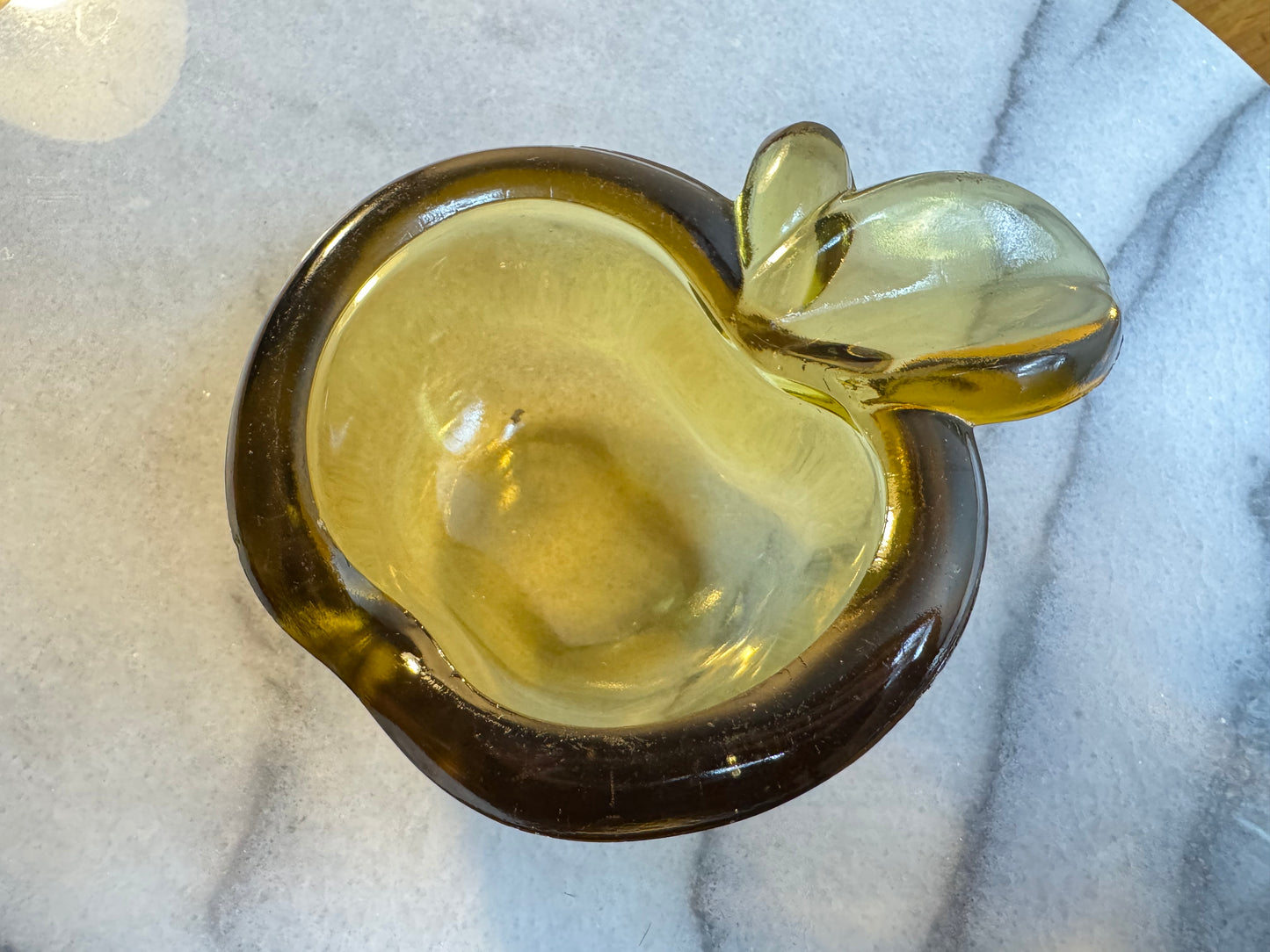 Yellow Thick Glass Apple Shaped Ashtray with Cigar Holder | Vintage Art Glass | Retro Kitsch |