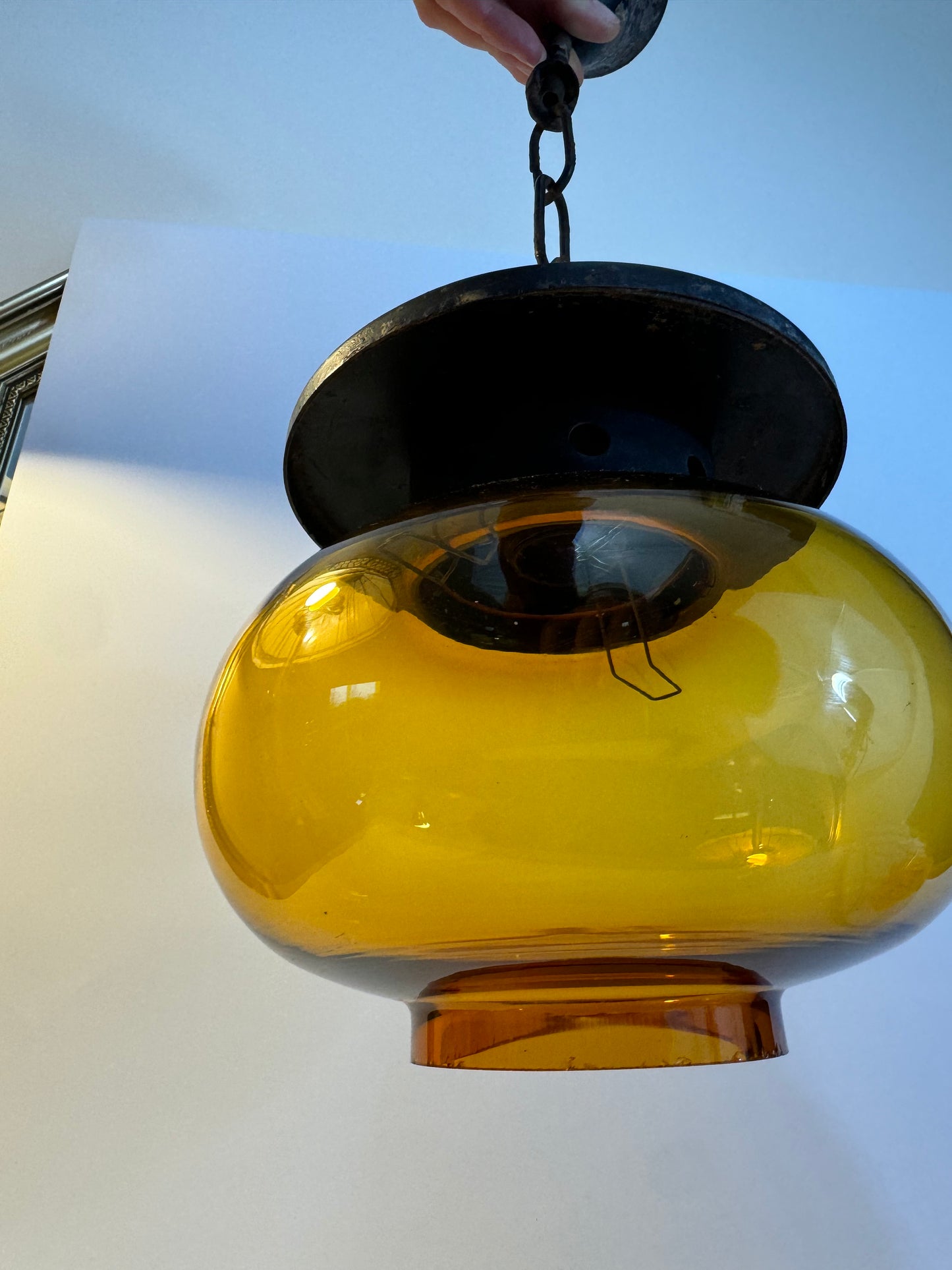 Antique Amber Glass Balloon Light Fitting | Iron | Made in Spain | Vintage Retro |