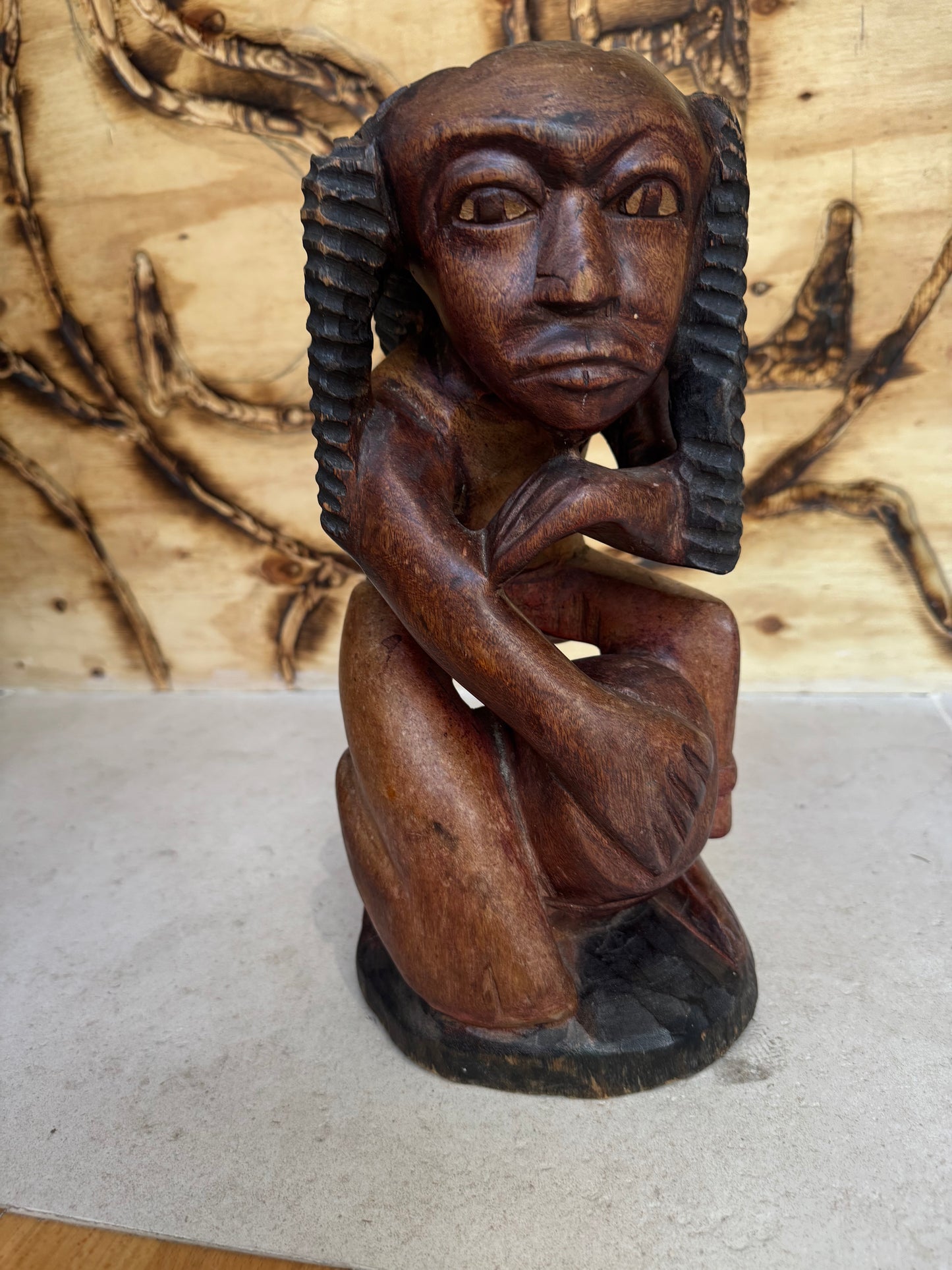 Hand Carved African Wooden Statue Sculpture of Sitting Man | Vintage Retro | Quirky Unique Decor |