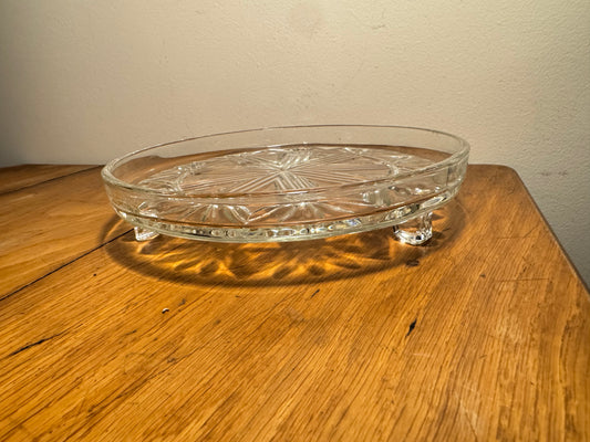 Cut Glass Footed Tray Plate | Candle Tray | Geometric Pattern | Dressing Table | Retro Unique | Decorative Plate |