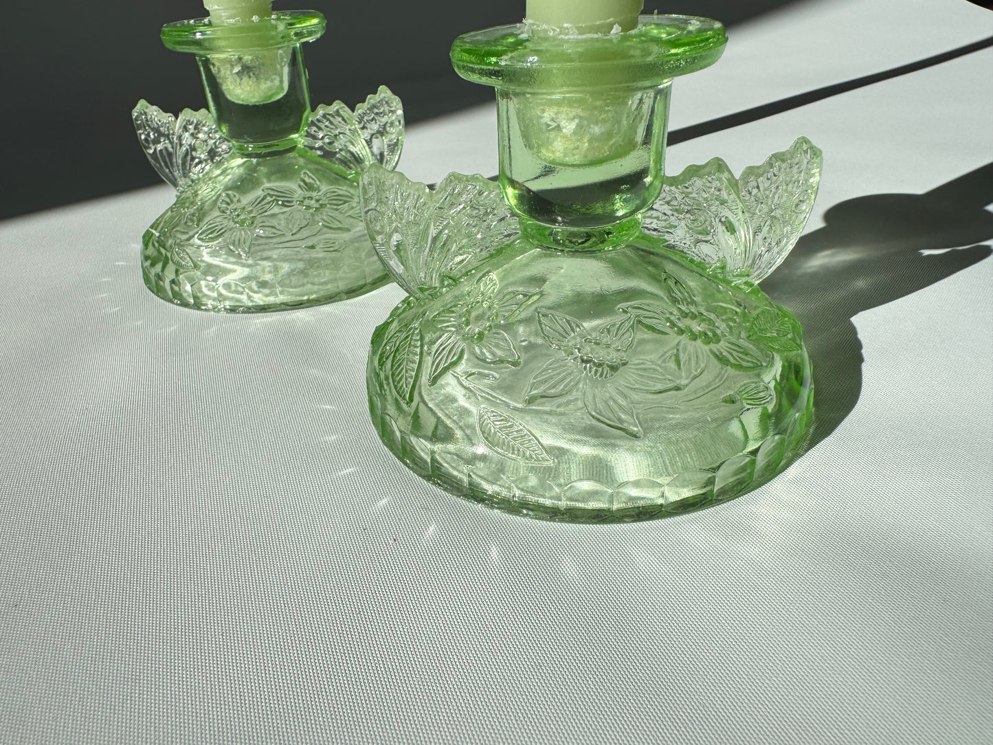 Sowerby 1930’s Green Cut Glass Art Deco Butterfly Candlestick Holders | Set of 2 | Vintage Retro | Angel Wings |