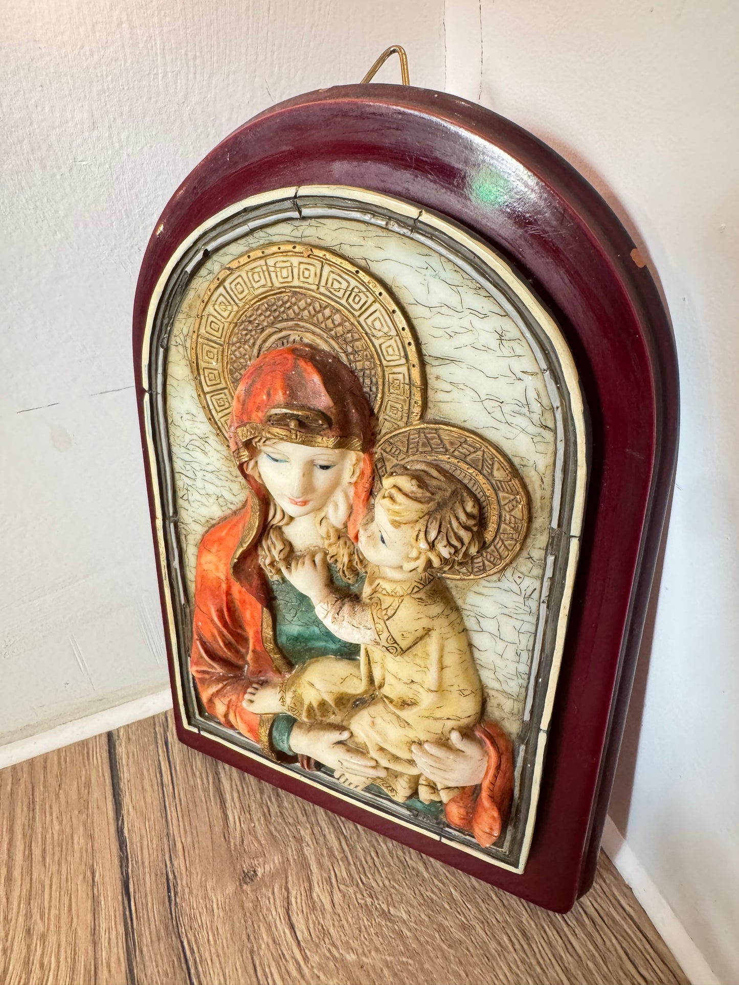 Ceramic Religious Wall Hanging of Mary and Baby Jesus on Wooden Plaque | Madonna & Child Plaque | Vintage Holy Icon |