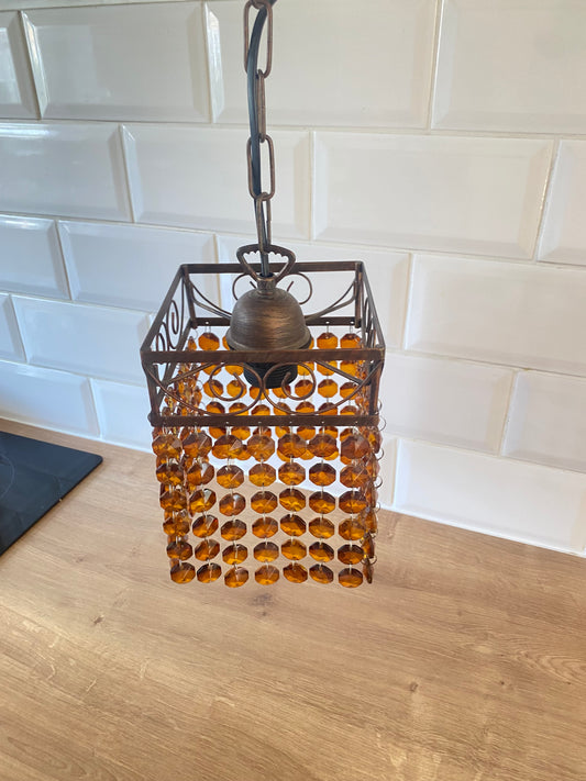 French Ceiling Light Pendant | Lampshade | Amber/Brown Glass Bead | Vintage Retro |