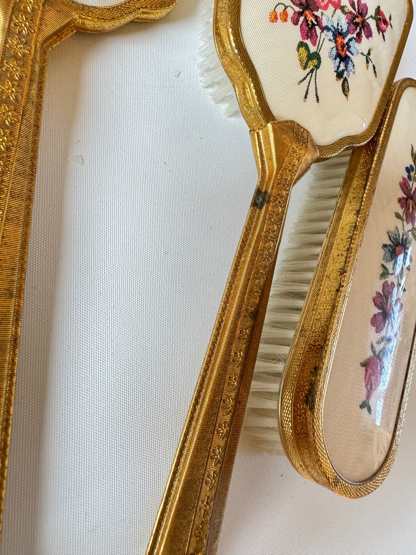 Victorian Style Travel Vanity Set | Hand Mirror, Hair Brush & Clothes Brush | Vintage Antique | Gold with Floral Embroidery | Prop Set Dressing |