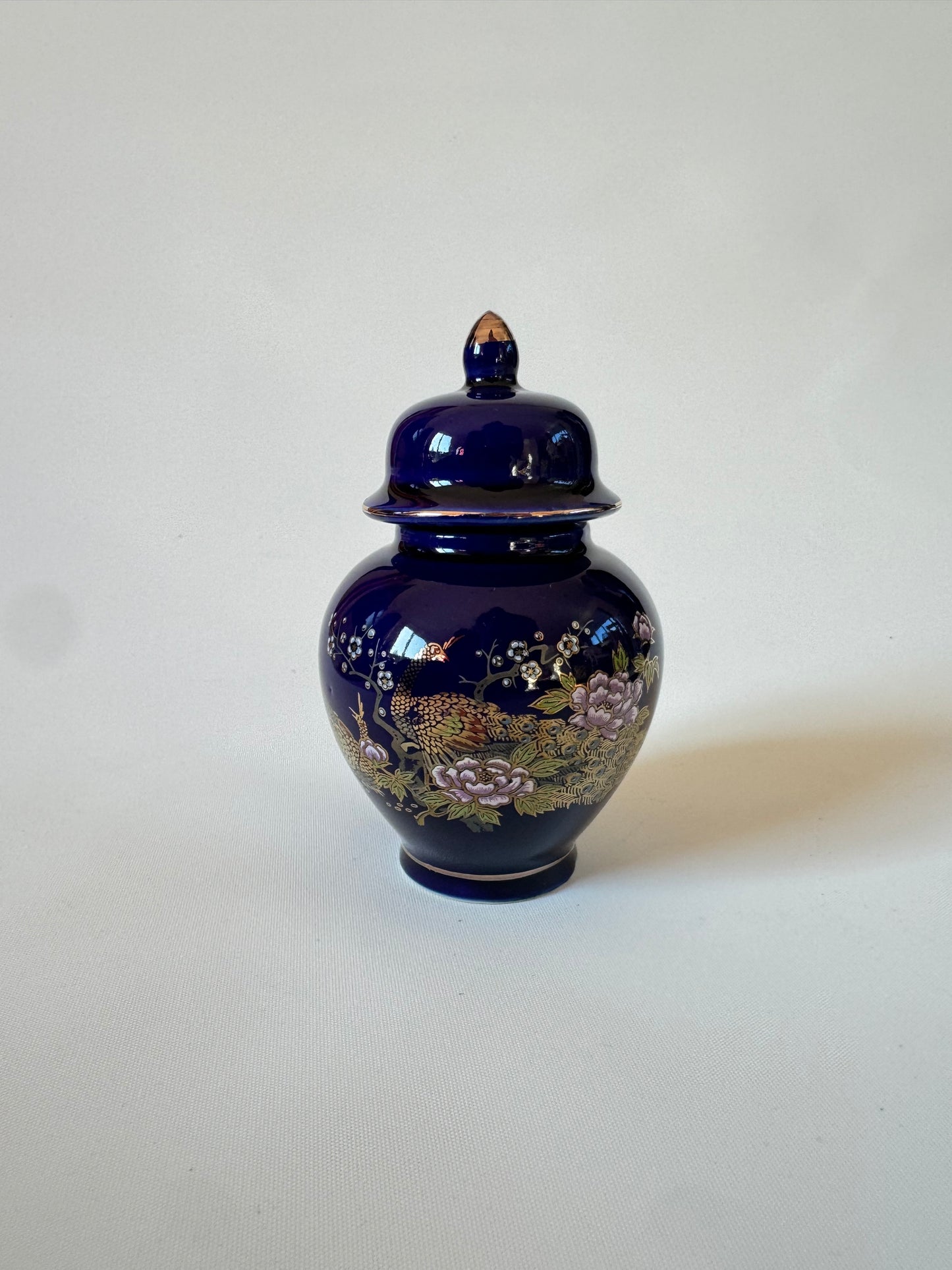 Miniature Japanese Ginger Jar Deep Blue with Gold Trim and Floral Detail Vintage