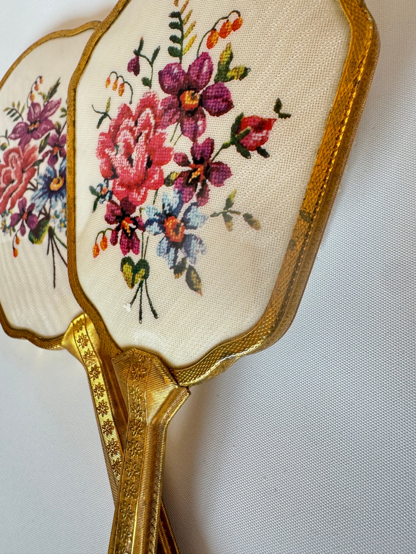 Victorian Style Travel Vanity Set | Hand Mirror, Hair Brush & Clothes Brush | Vintage Antique | Gold with Floral Embroidery | Prop Set Dressing |