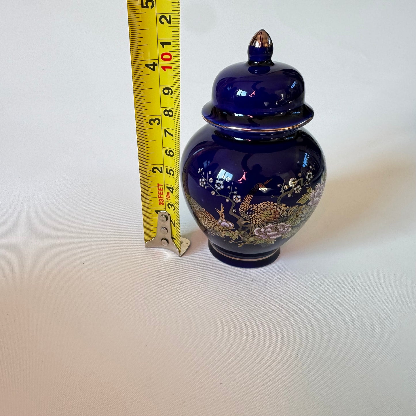 Miniature Japanese Ginger Jar Deep Blue with Gold Trim and Floral Detail Vintage