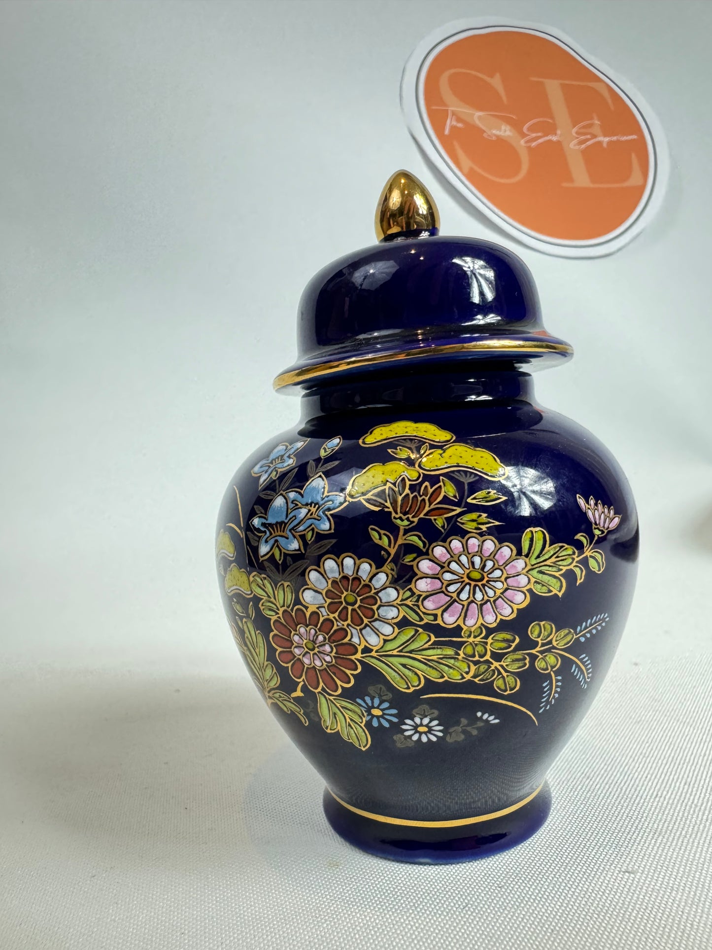 Miniature Japanese Ginger Jar Deep Blue with Gold Trim and Floral Detail Vintage