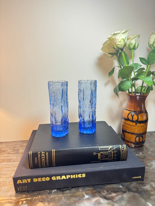 Ravenhead Vintage Blue Vases | Art Glass | Ravenhead Bark Textured Glass | Retro Mid Century | 70s | Pair |