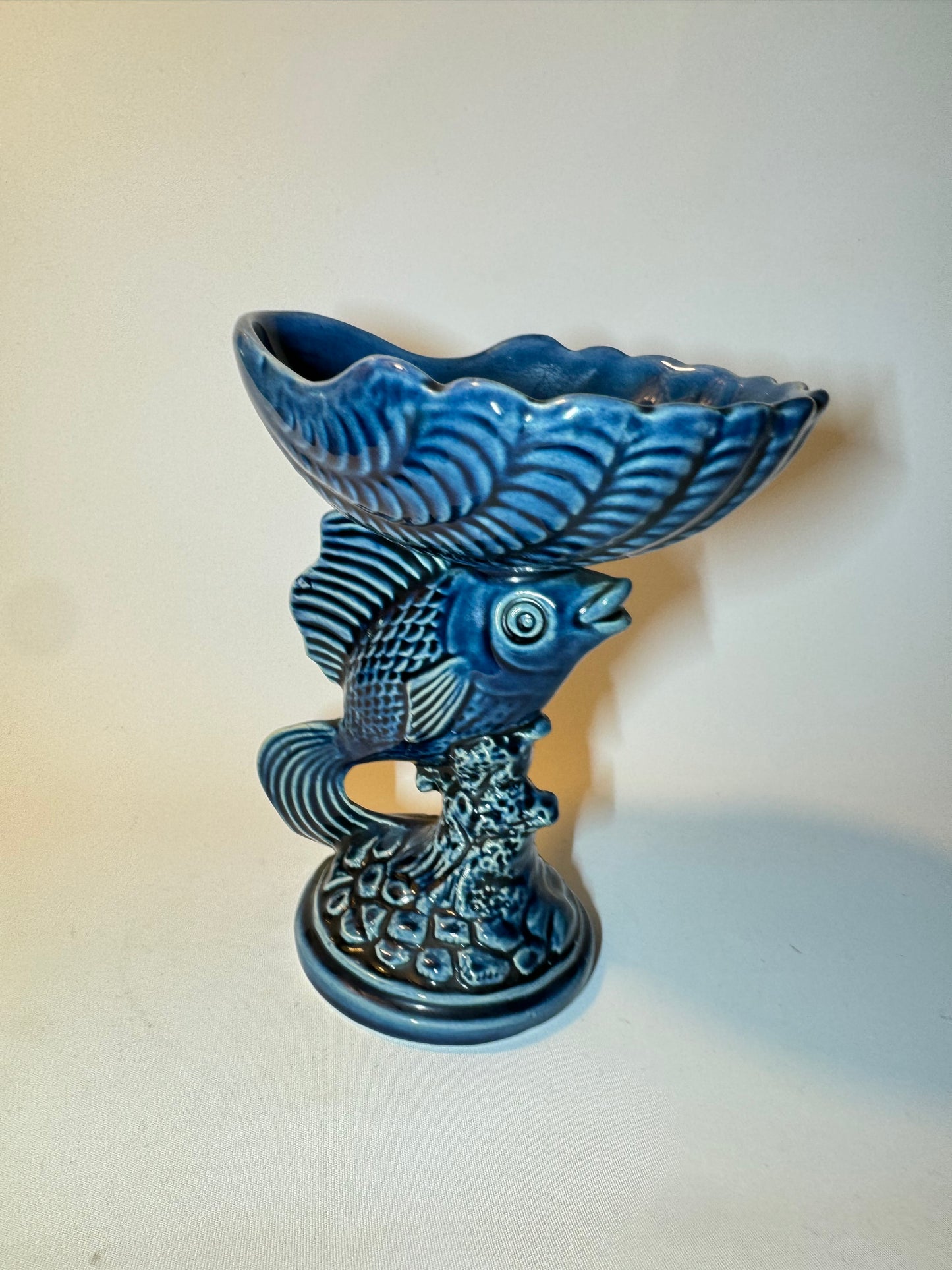 Devonway Pottery Deep Blue Fish Dish Bowl | Pedestal Bowl | Vintage Retro | Quirky Unique |