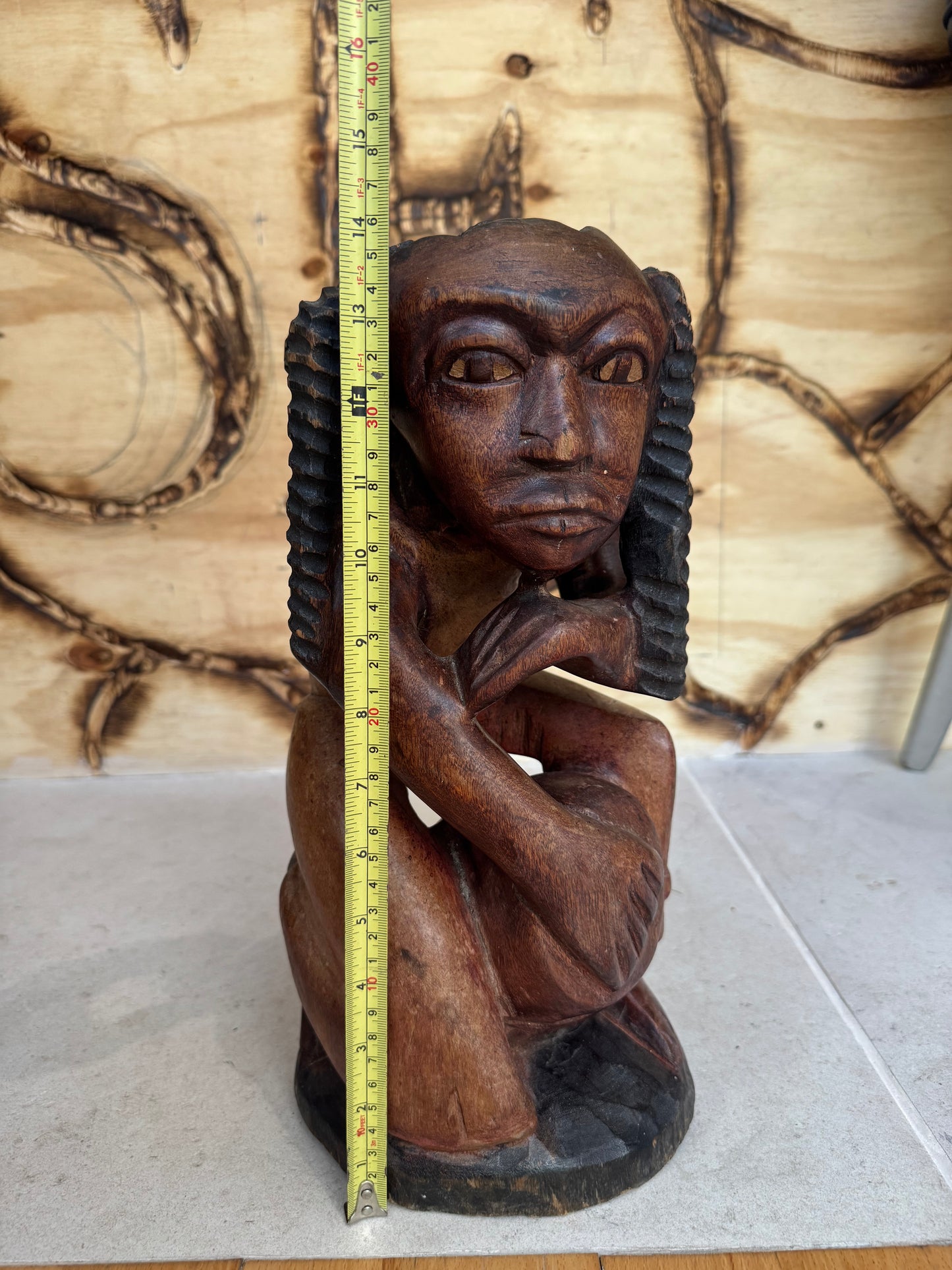 Hand Carved African Wooden Statue Sculpture of Sitting Man | Vintage Retro | Quirky Unique Decor |