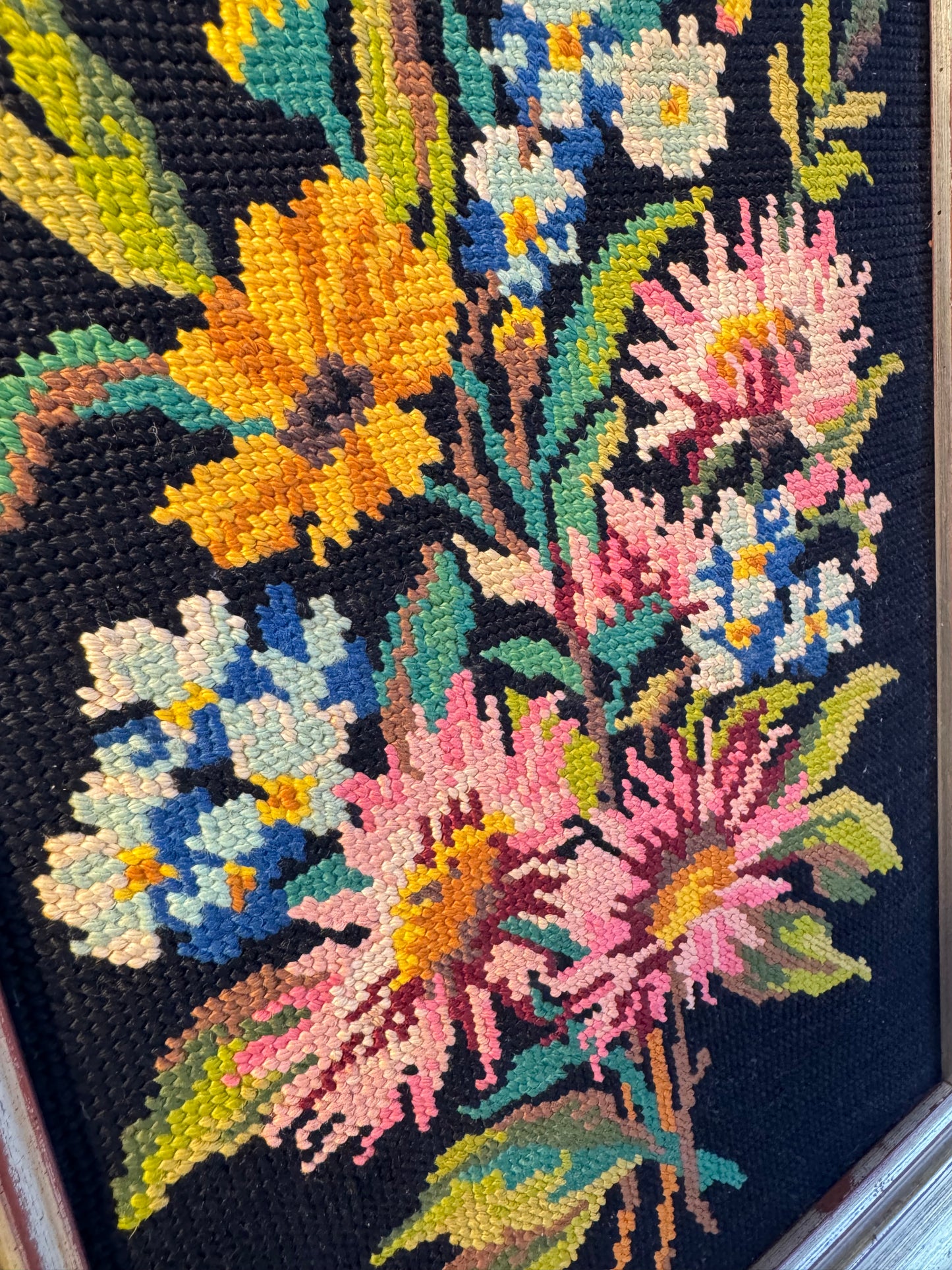Vibrant Floral Needlepoint in Wooden Frame | Peonies | Wildflowers | Vintage Retro Decor |