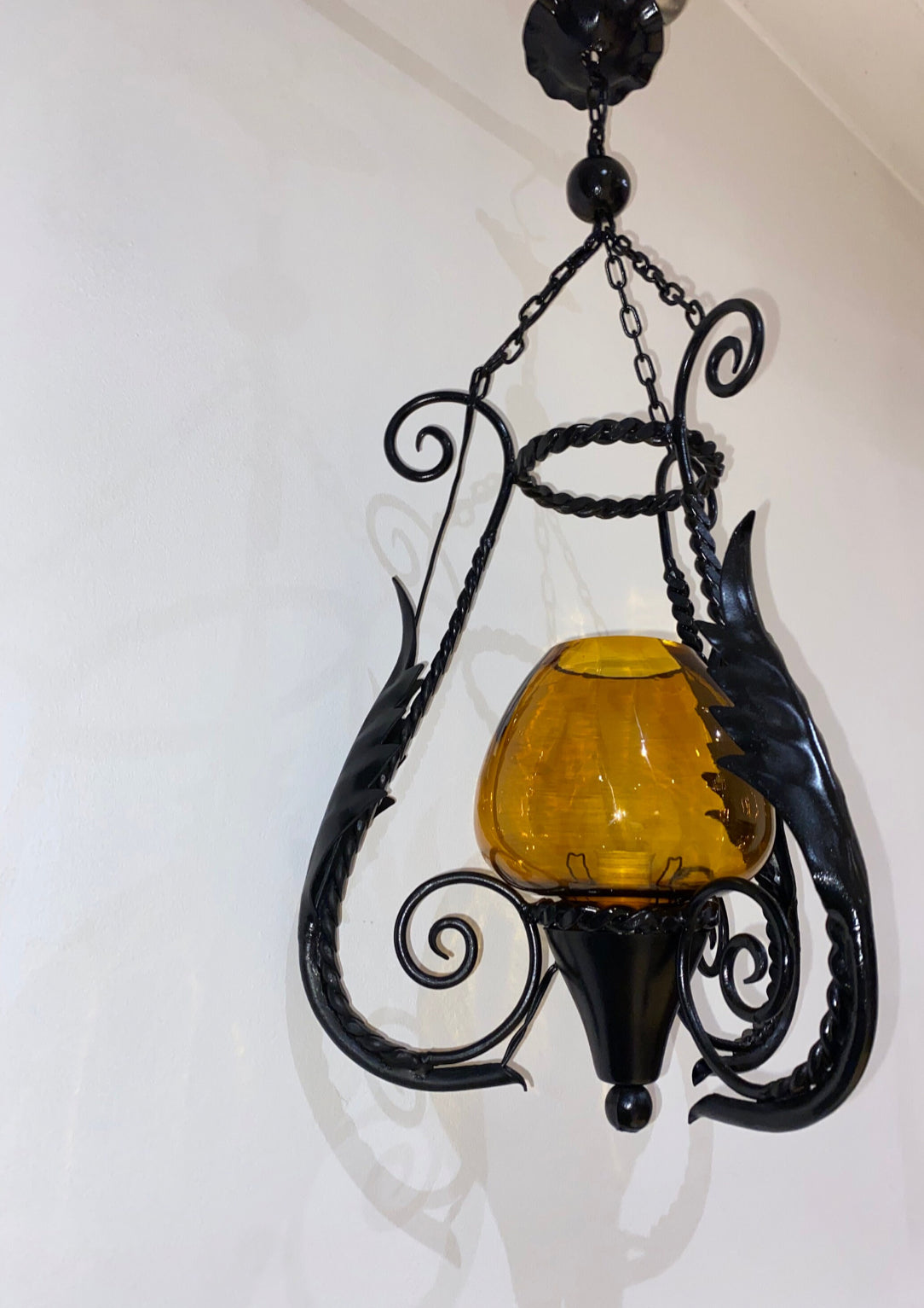 Antique Italian Hand Blown Venetian Amber Glass & Black Wrought Iron Ceiling Pendant Light | Gothic | Spanish | Medieval | Vintage Lantern