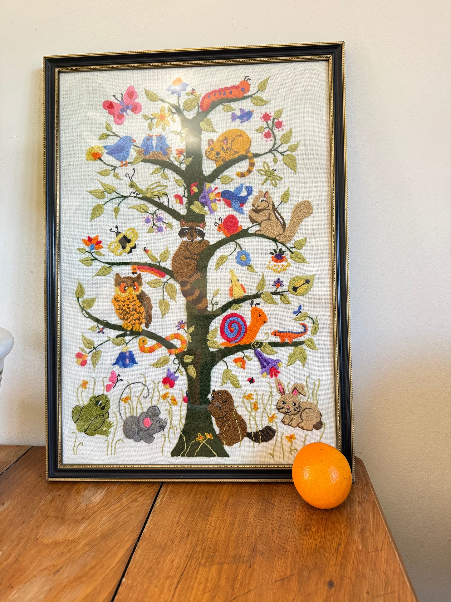 Vintage Dimensions Tree of Life Crewel by Ellen Silver 1981 | Completed Framed | Animals and Tree | Retro | Folk Art | Quirky Unique Kitsch |