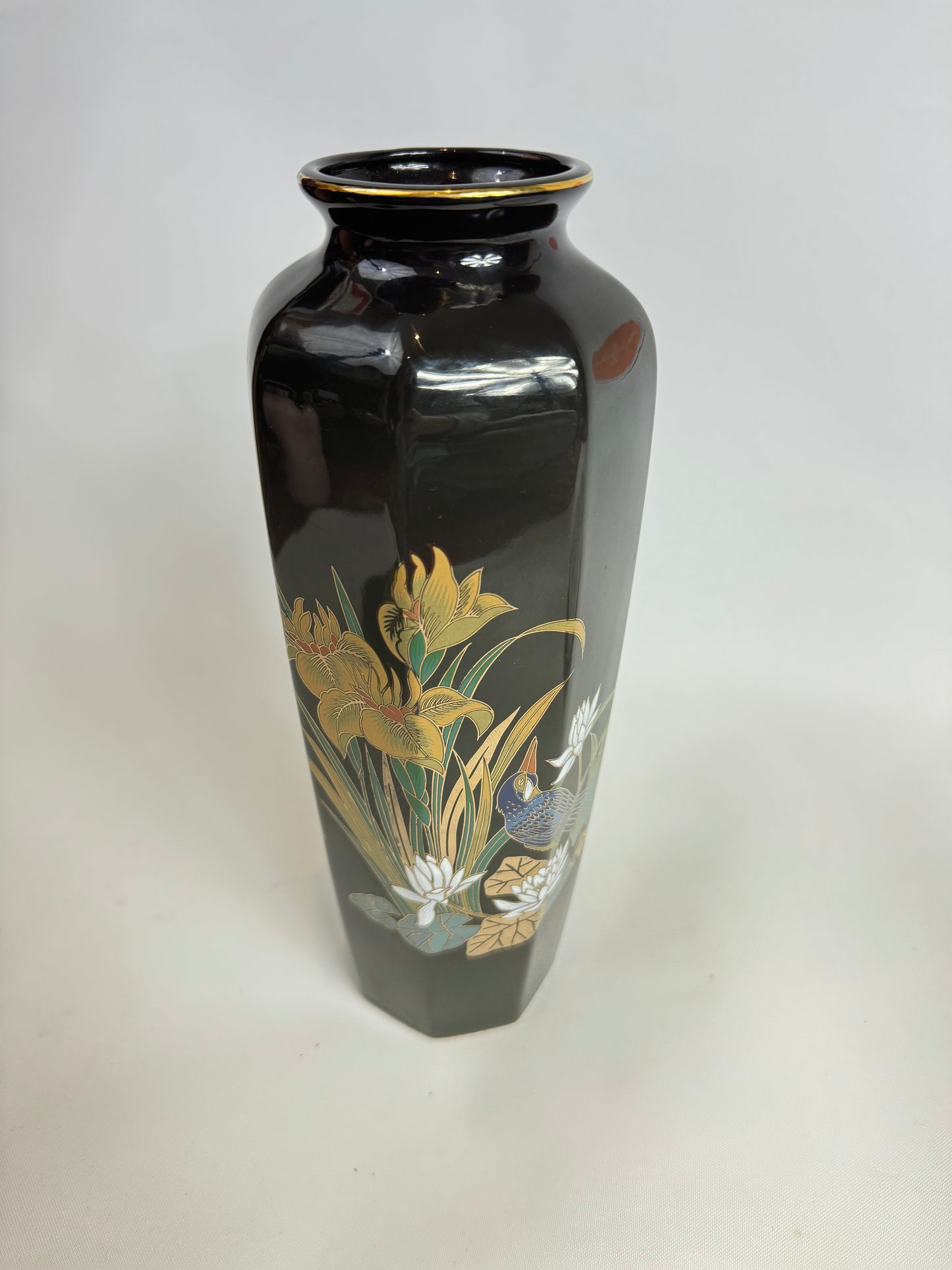 Large Black Porcelain Vase with Gold and Floral Detail | Vintage