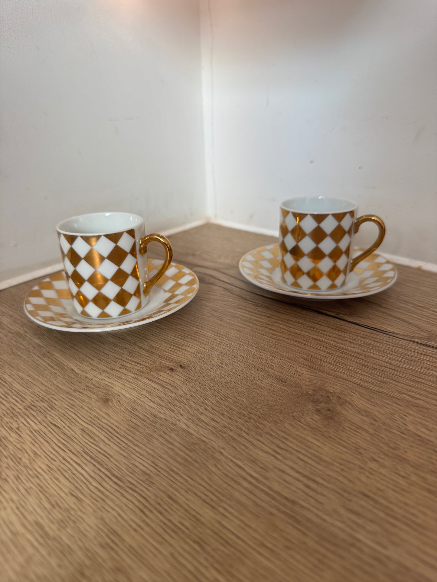 Pair of Gold and White Checkered Espresso Cups & Saucers | Coffee | Vintage Retro |
