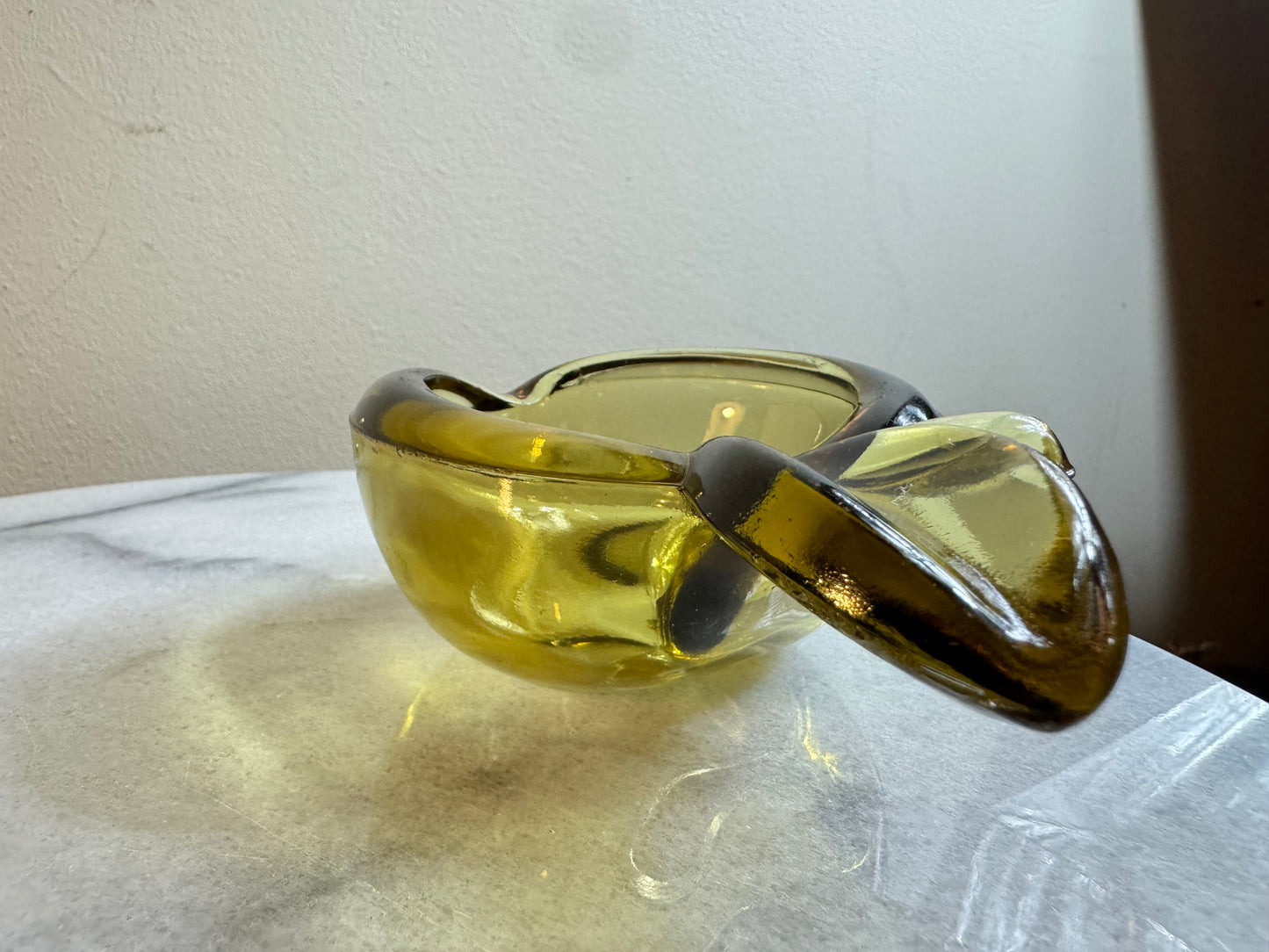 Yellow Thick Glass Apple Shaped Ashtray with Cigar Holder | Vintage Art Glass | Retro Kitsch |