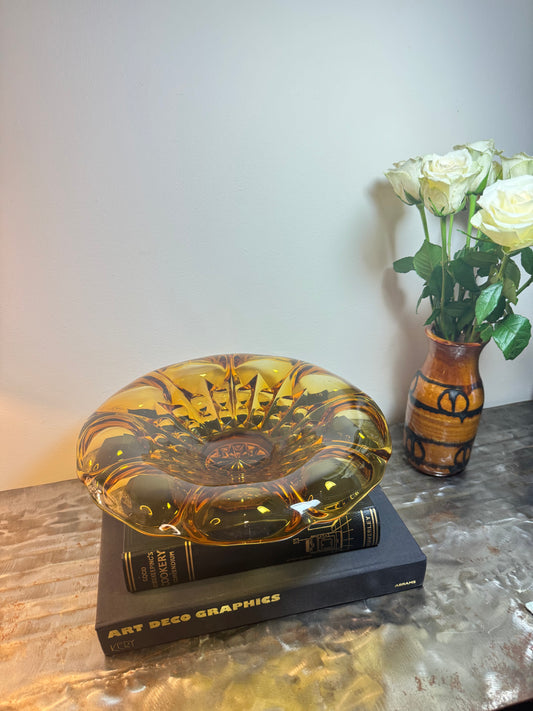 Large Art Deco Amber Depression Glass Bowl | Vintage Retro | Fruit Bowl