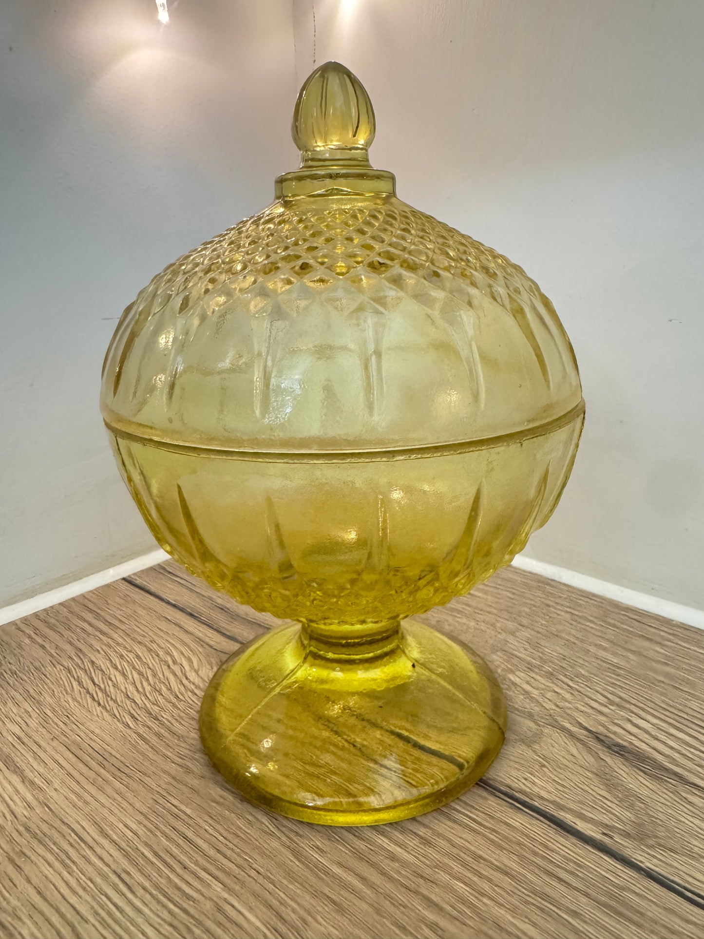 Yellow Glass Lidded Pedestal Bon Bon Dish | Vintage Retro Candy Dish