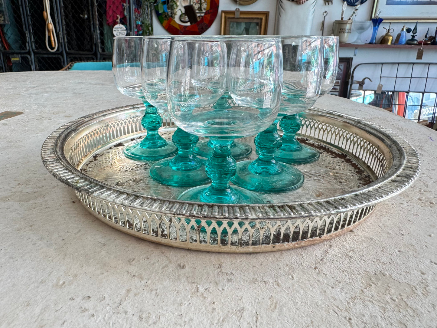 Turquoise Stem Glasses | Luminarc France | Wine/Cocktail/Aperitivo Glasses | Vintage Retro Barware Glassware |