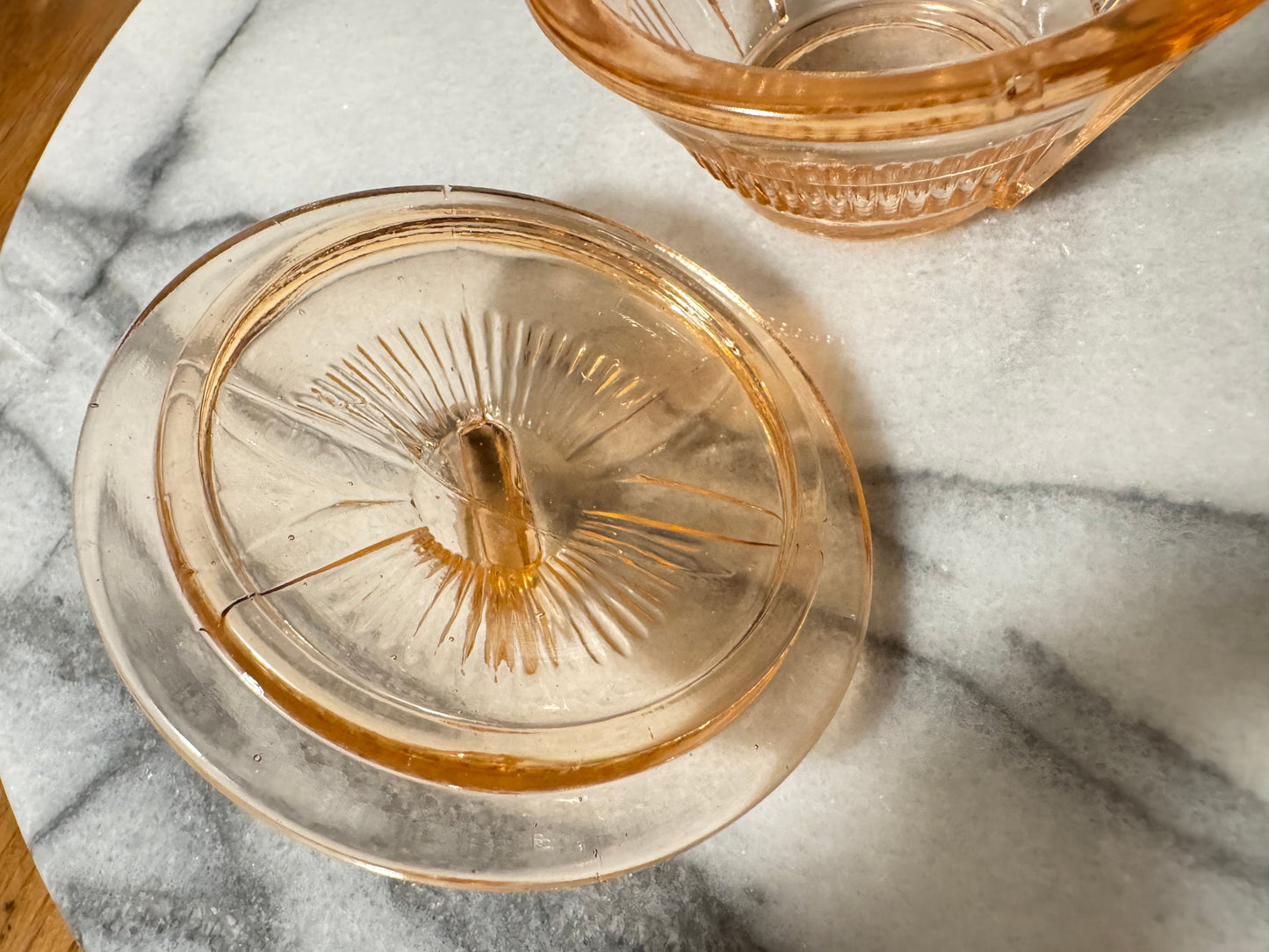Small Pressed Glass Trinket Vanity Dish with Lid | Art Deco Vintage Retro | Pink |