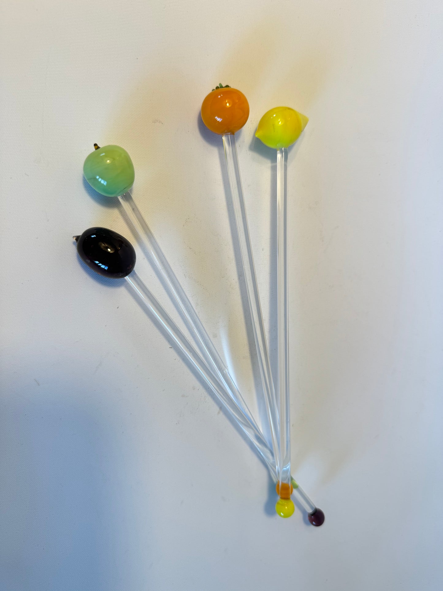 Glass Fruit Cocktail Stirrers | Grape Orange Apple Lemon | Vintage Retro Kitsch | Barware Glassware Dinner Party |