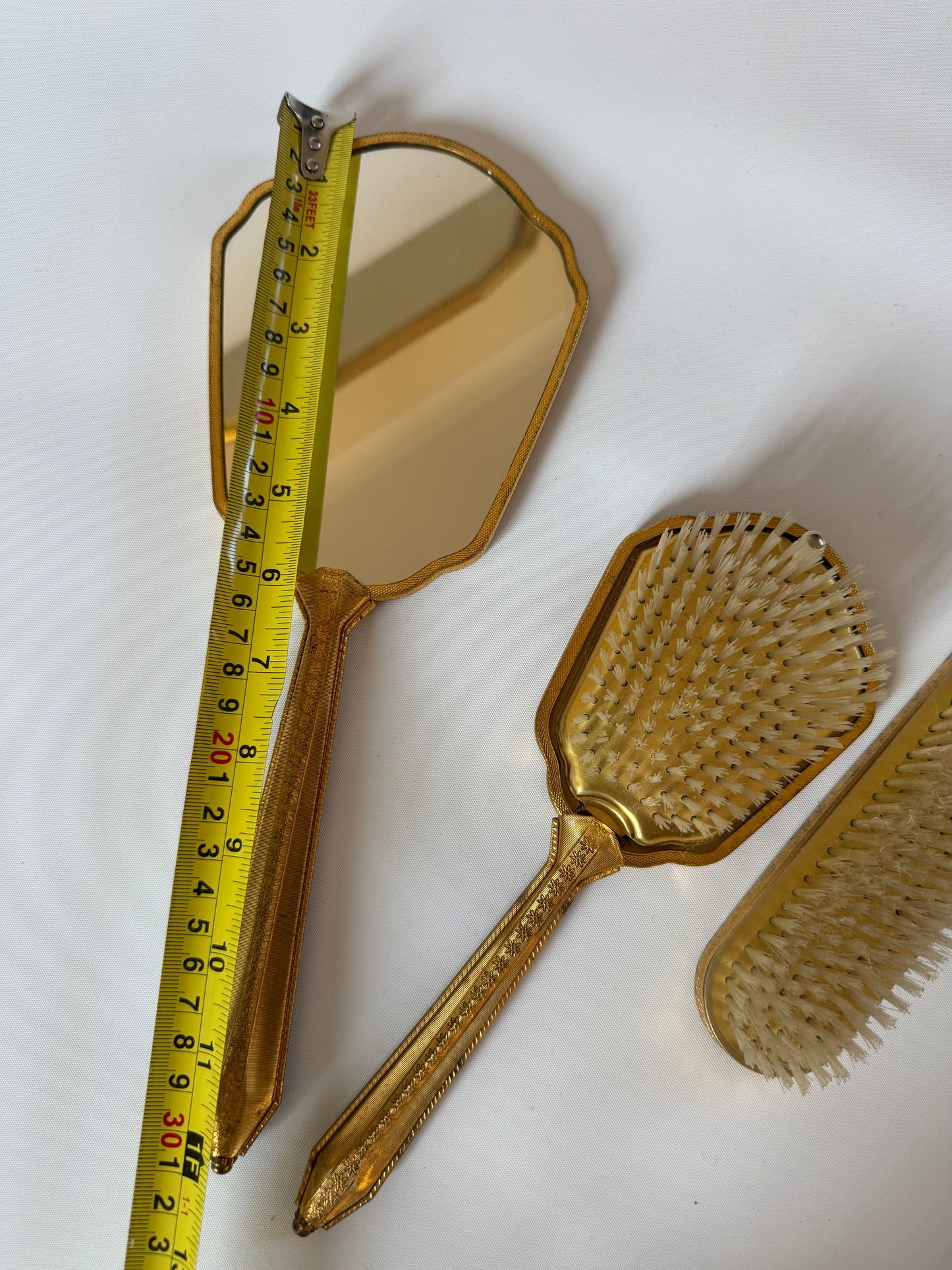 Victorian Style Travel Vanity Set | Hand Mirror, Hair Brush & Clothes Brush | Vintage Antique | Gold with Floral Embroidery | Prop Set Dressing |