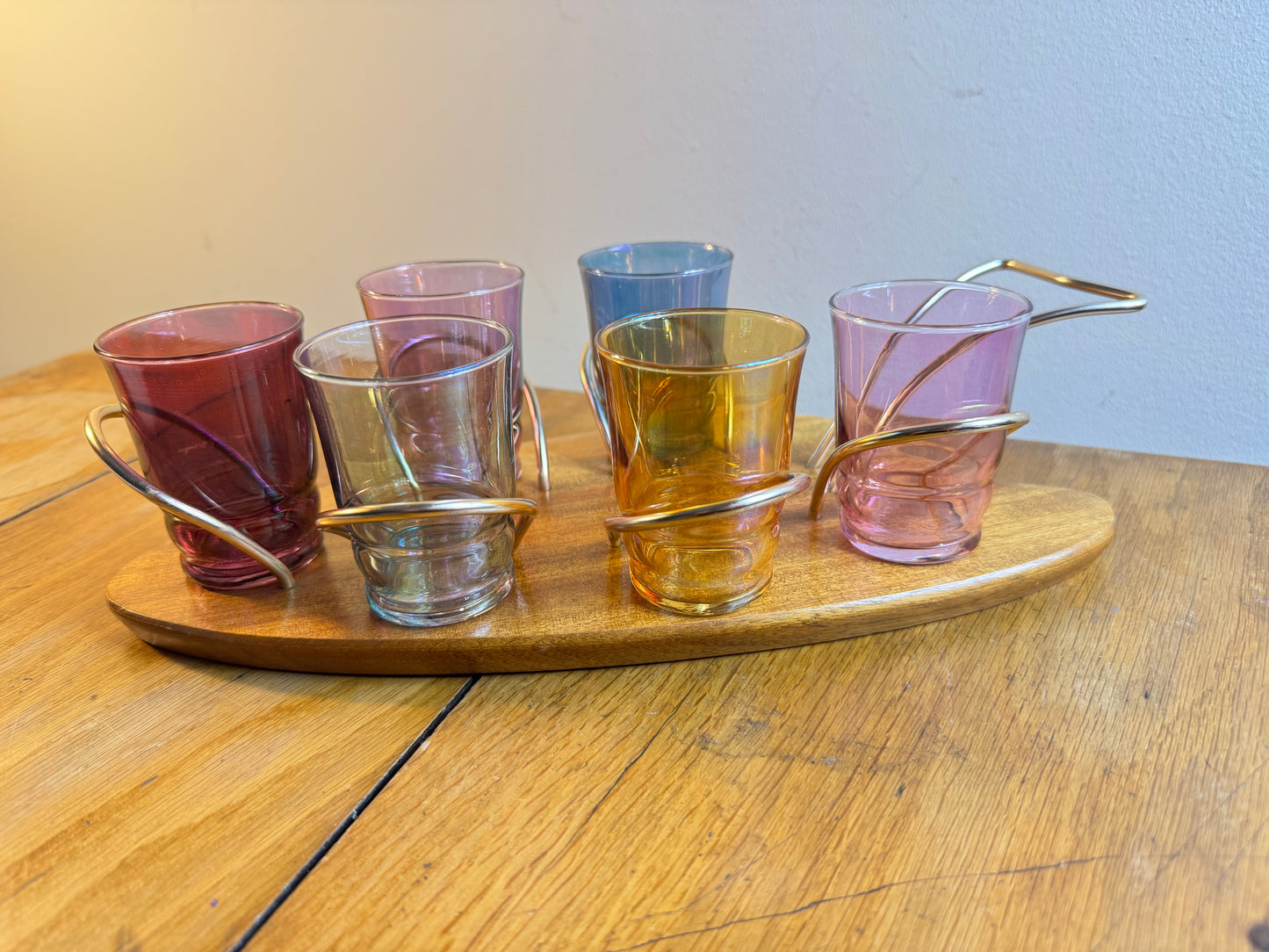 Set of Six Coloured Shot Glasses and a Wooden Serving Tray Stand Wyncraft | 1960s | Made in England | Vintage Retro |