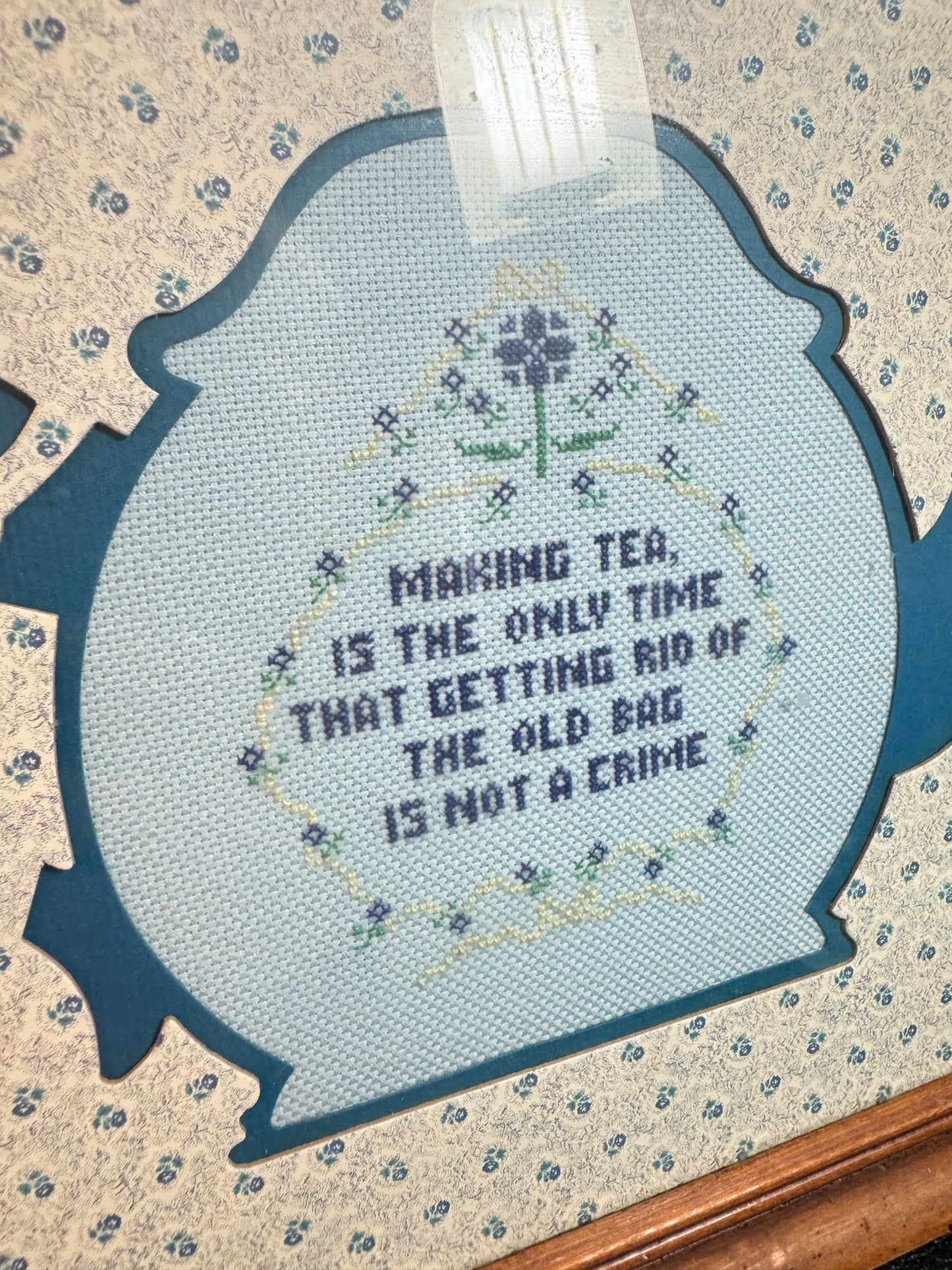 Framed Vintage Teapot Crosstitch tapestry “Morning tea is the only time that getting rid of the old bag is a crime”