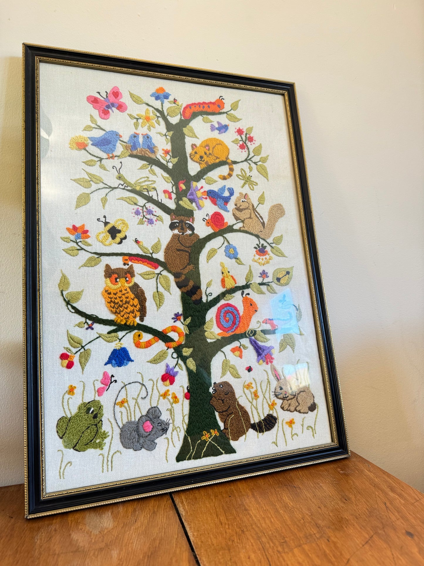 Vintage Dimensions Tree of Life Crewel by Ellen Silver 1981 | Completed Framed | Animals and Tree | Retro | Folk Art | Quirky Unique Kitsch |