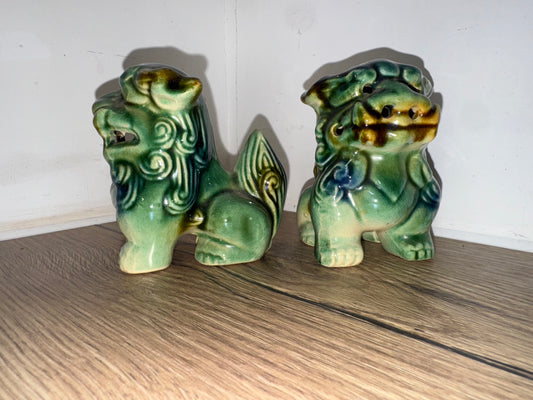 Pair of Small Foo Dogs | Green/Blue | Chinese Guardian Lions | Chinese Asian Decor | Vintage Antique |