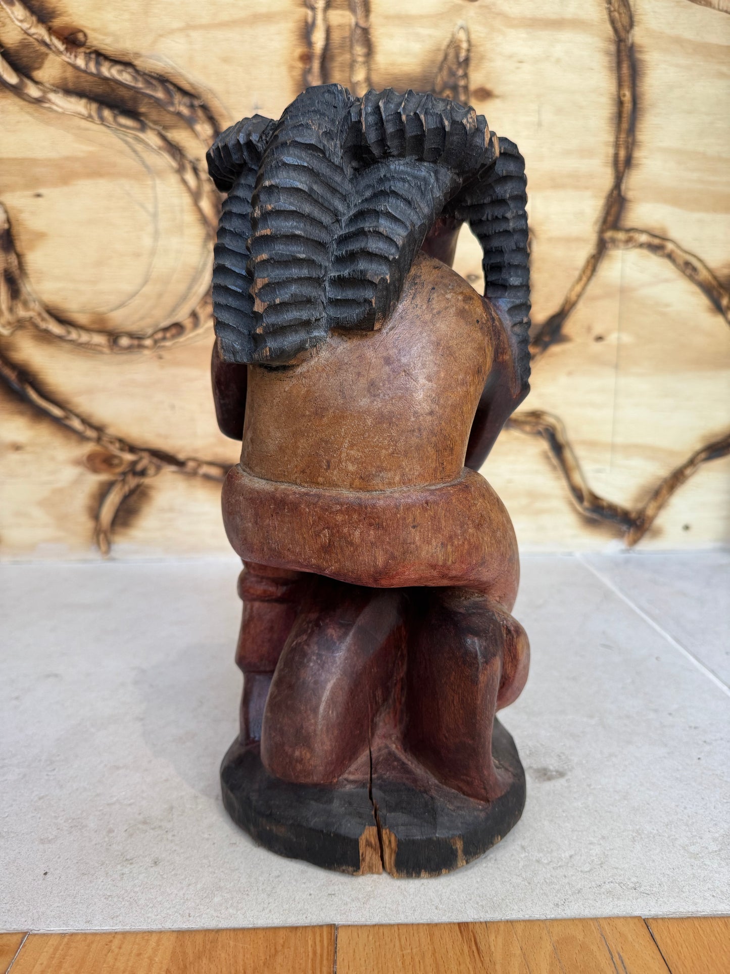 Hand Carved African Wooden Statue Sculpture of Sitting Man | Vintage Retro | Quirky Unique Decor |