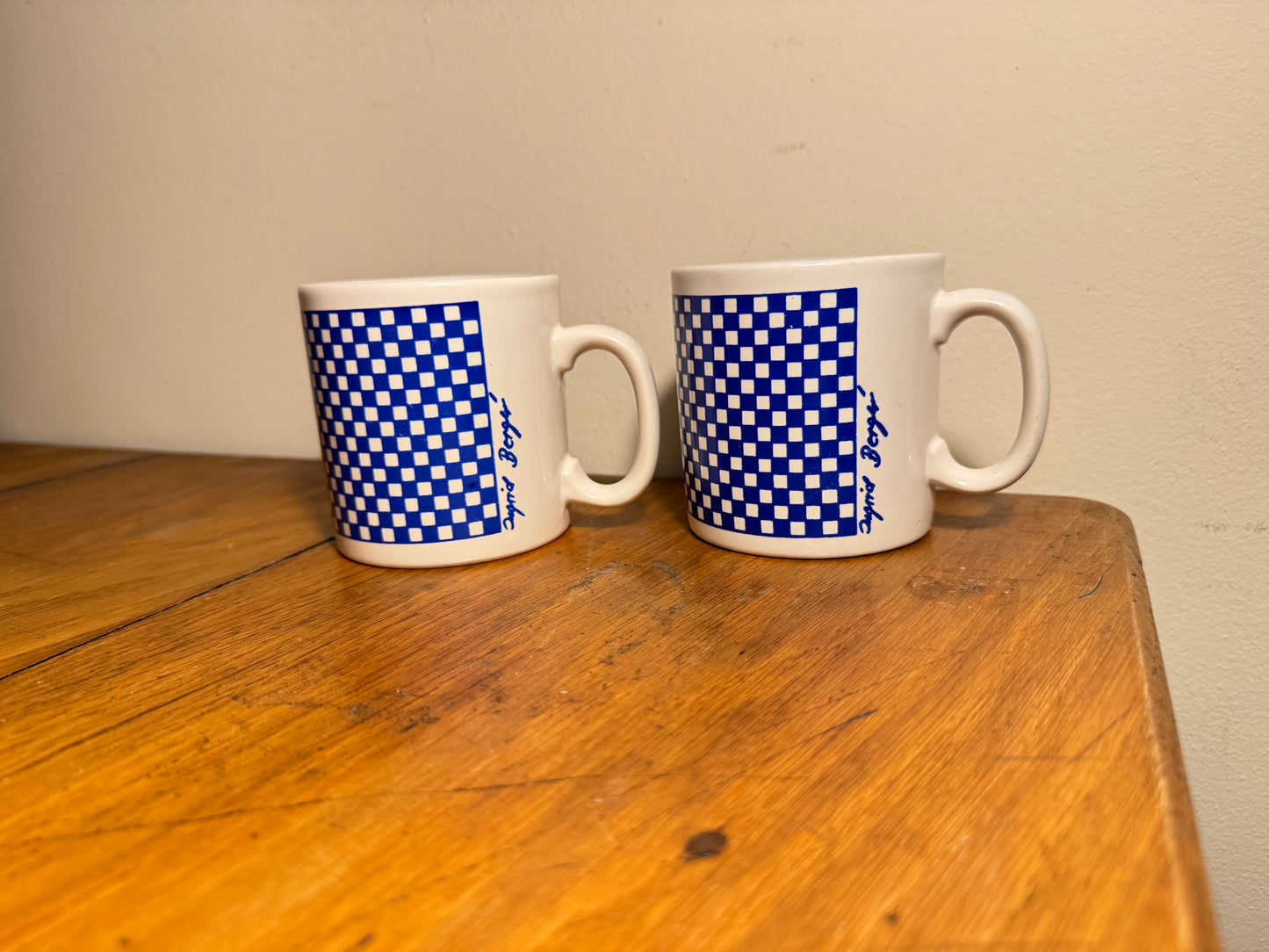 Vintage 1980's Ingrid Berger Mug FPC Blue & White Check Ceramic Coffee / Tea | Retro | Made in England |