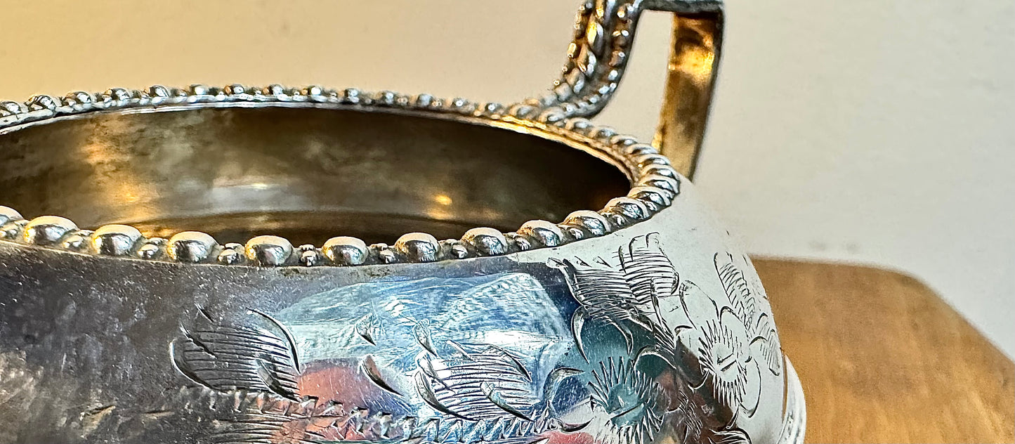 Silver Plated Sugar Bowl and Milk Jug | Hand Engraved | Made in England |