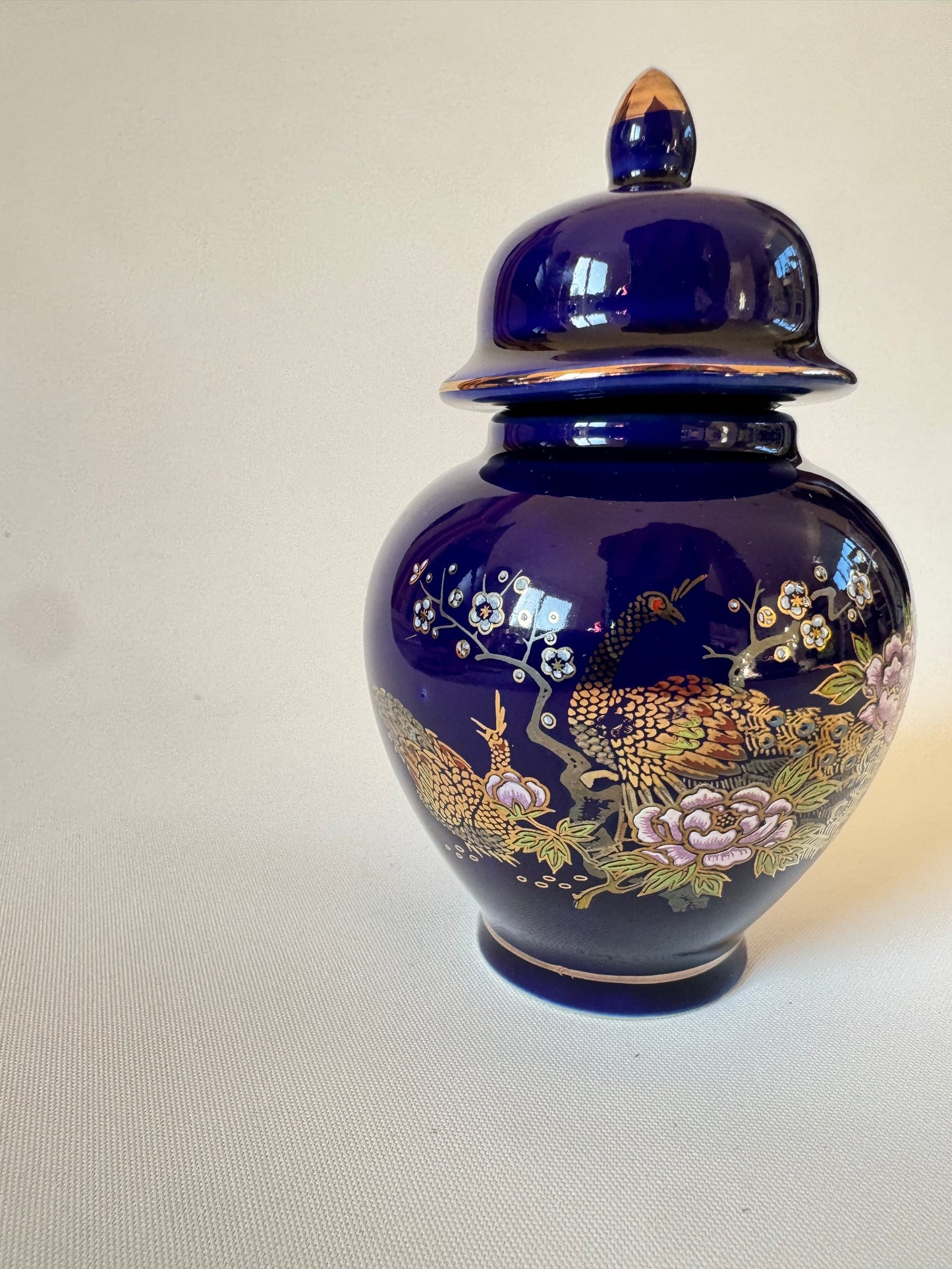 Miniature Japanese Ginger Jar Deep Blue with Gold Trim and Floral Detail Vintage