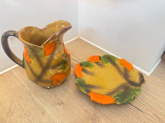 Autumn Leaves Ceramic Pitcher Jug with Saucer | Vintage Retro | Farmhouse Cottagecore |