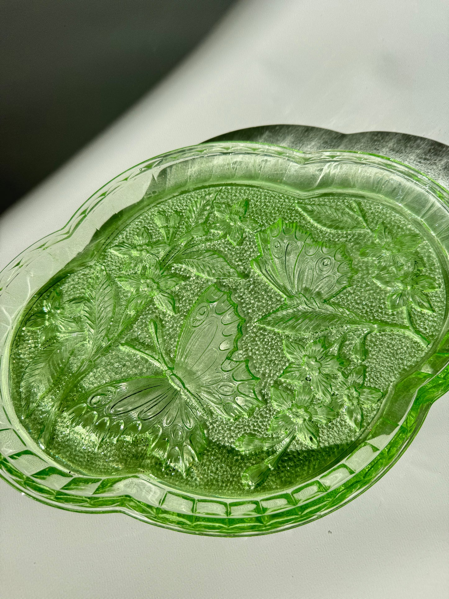 Sowerby 1930’s Green Cut Glass Vanity Tray | Butterfly Floral Pattern | Dressing Table | Retro Unique |