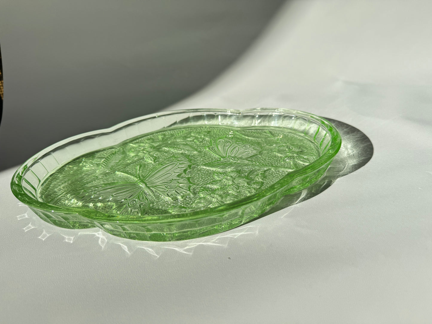 Sowerby 1930’s Green Cut Glass Vanity Tray | Butterfly Floral Pattern | Dressing Table | Retro Unique |