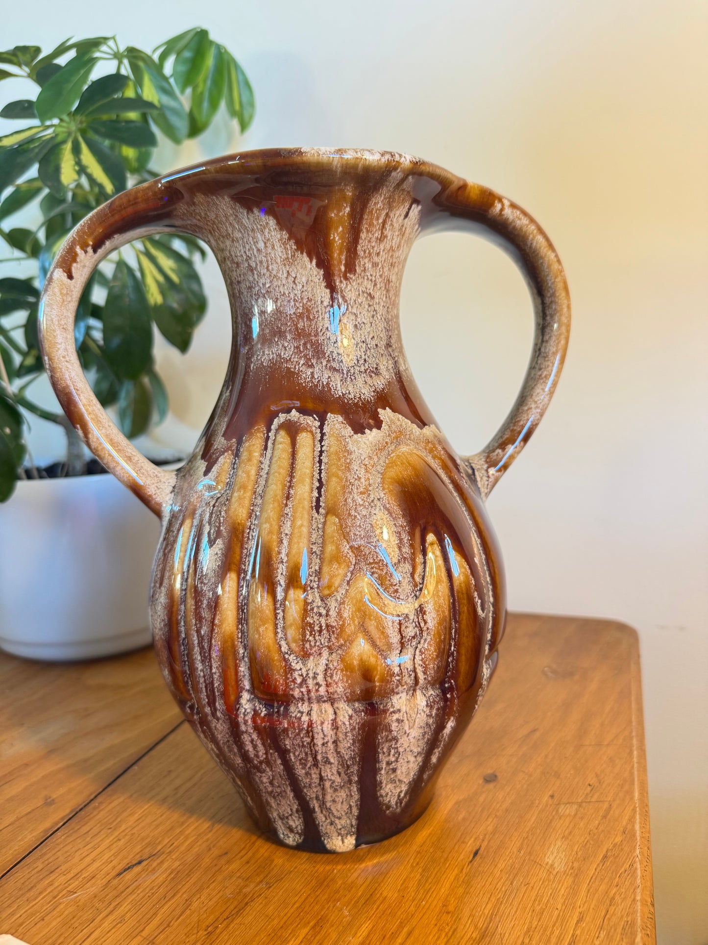 Large Ceramic Vase with Drip Glaze | Twin Double Handle | Vintage Retro Home decor |