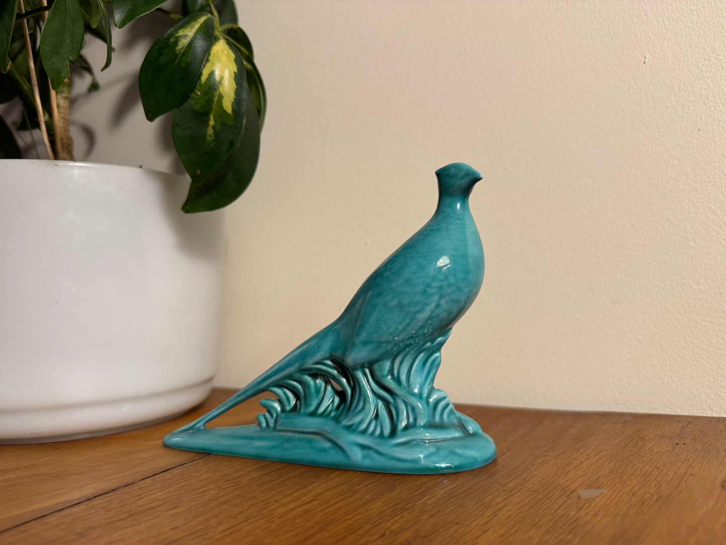 Turquoise Green Ceramic Pheasant Statue Ornament | Vintage Retro Decor | Made in UK |