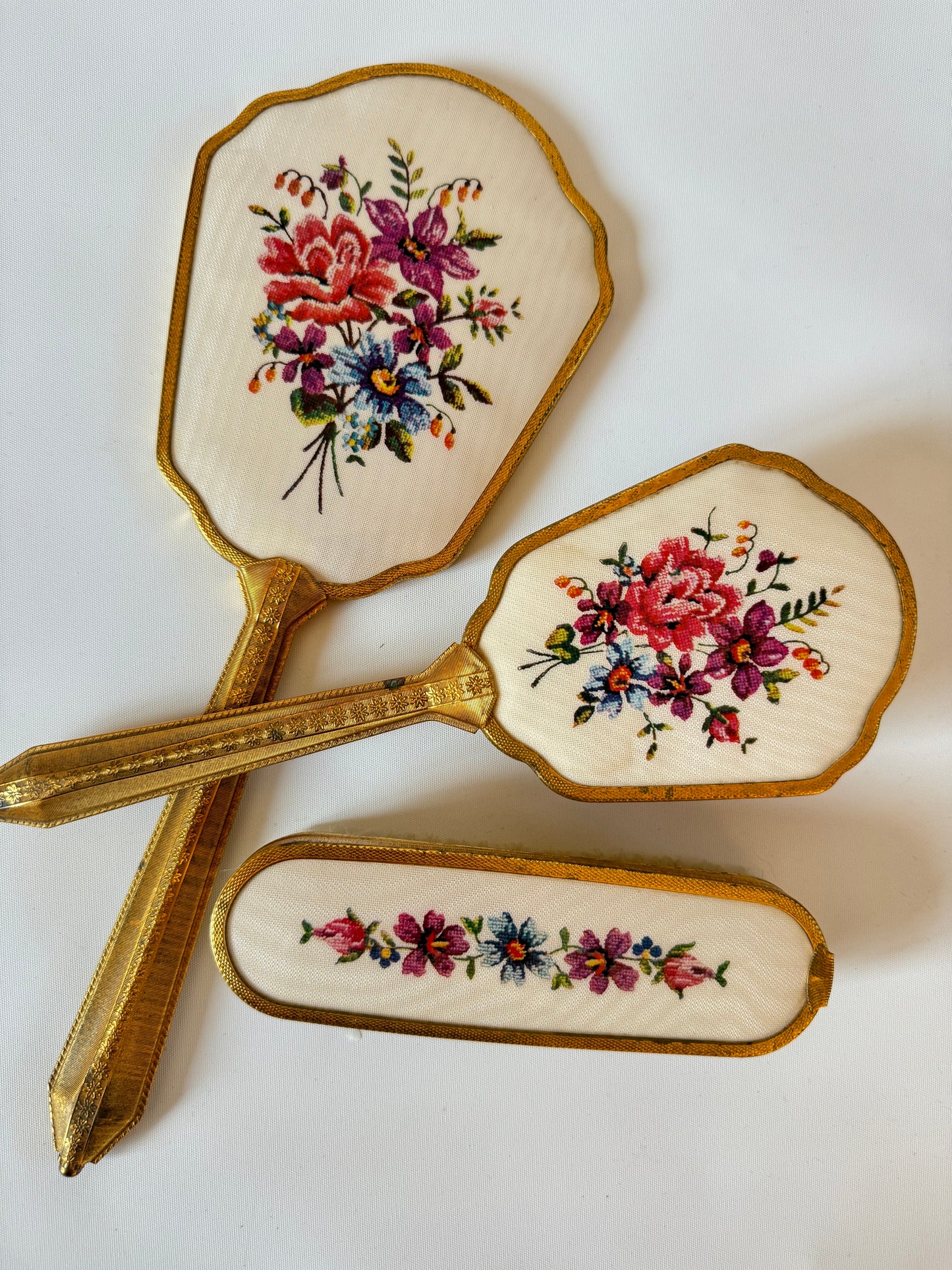 Victorian Style Travel Vanity Set | Hand Mirror, Hair Brush & Clothes Brush | Vintage Antique | Gold with Floral Embroidery | Prop Set Dressing |