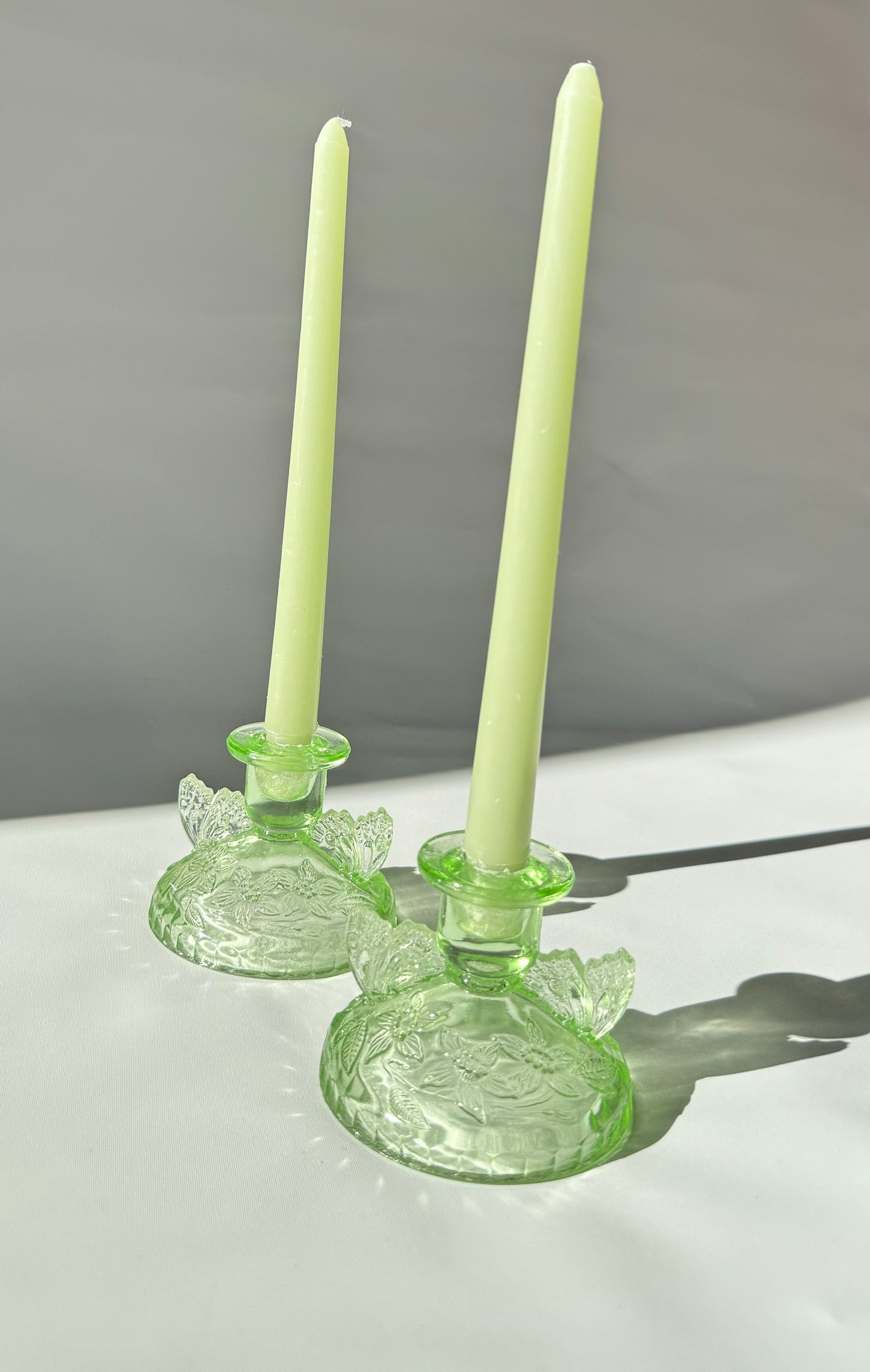 Sowerby 1930’s Green Cut Glass Art Deco Butterfly Candlestick Holders | Set of 2 | Vintage Retro | Angel Wings |