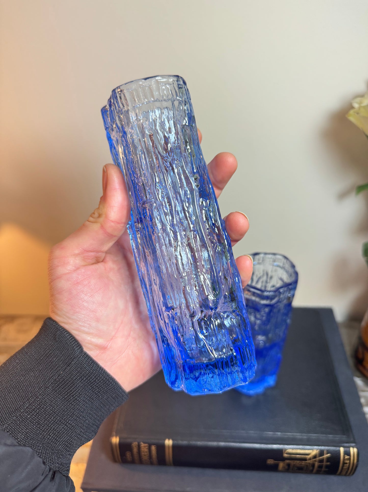 Ravenhead Vintage Blue Vases | Art Glass | Ravenhead Bark Textured Glass | Retro Mid Century | 70s | Pair |