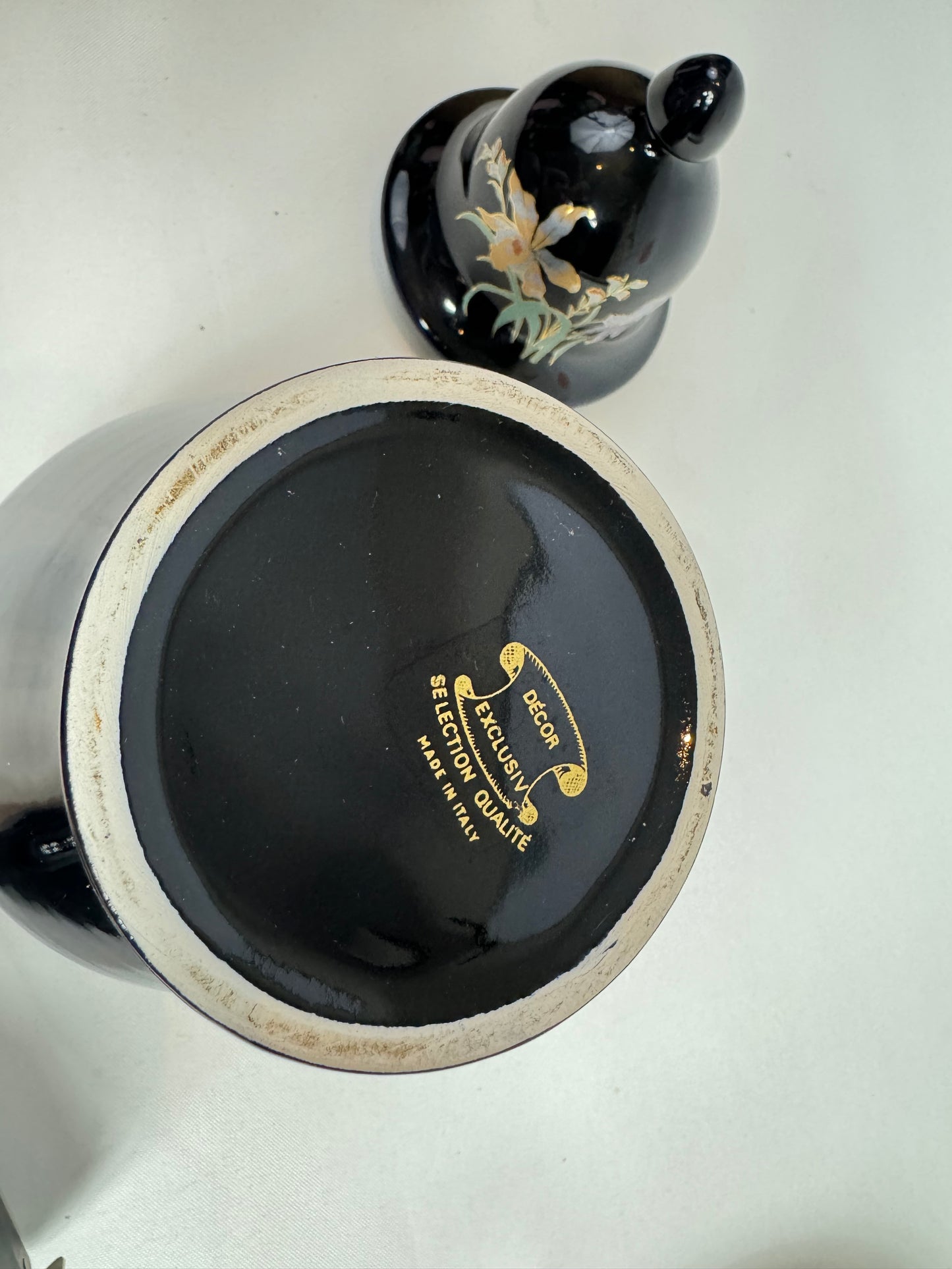 Large Italian Black Porcelain Ginger Jar with Gold and Floral Detail | Vintage