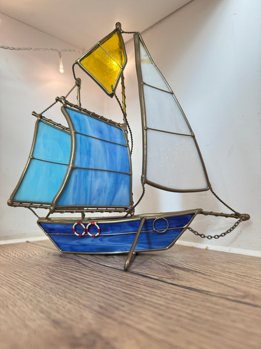 Brass and Stained Glass Sailing Ship Boat | Nautical Ornament | Vintage Quirky Home Decor |