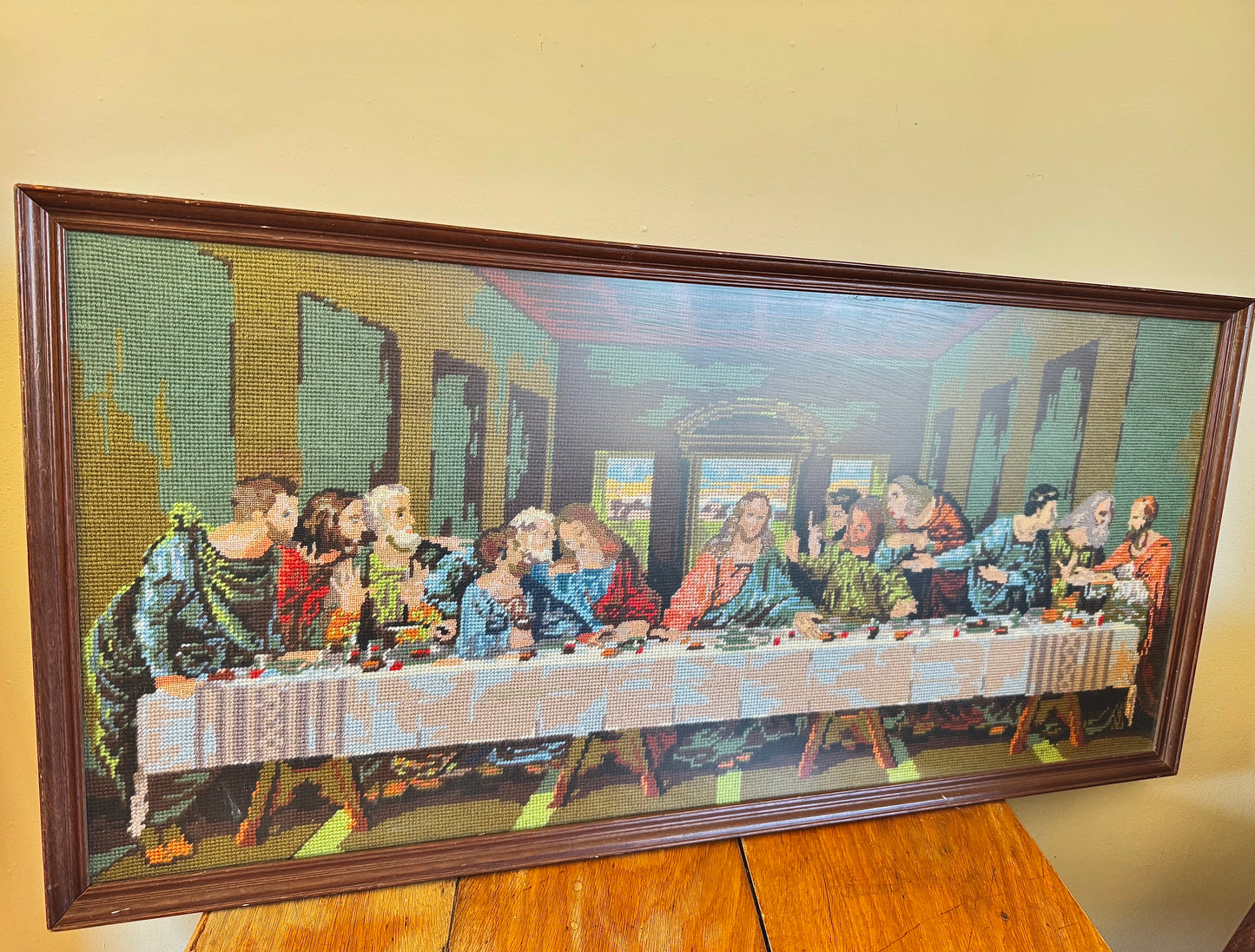 The Last Supper Framed Needlepoint | Leonardo Da Vinci | Handcrafted Folk Art | Vintage Retro | Religious Holy Jesus |