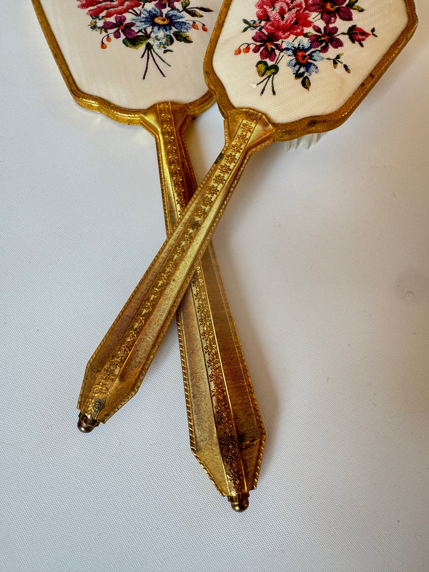 Victorian Style Travel Vanity Set | Hand Mirror, Hair Brush & Clothes Brush | Vintage Antique | Gold with Floral Embroidery | Prop Set Dressing |
